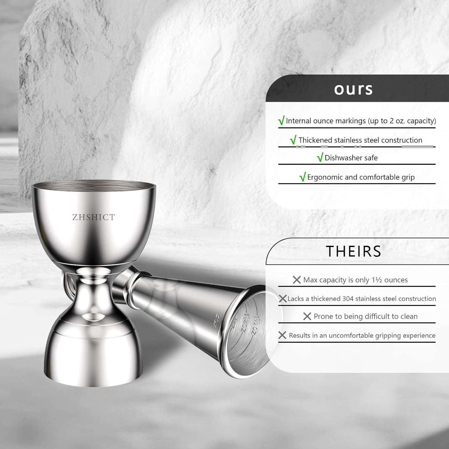 2 Pack Jigger for Bartending,Premium Bell Jigge and Japanese Jiggers,Double cocktail Jigger Premium 304 Stainless Steel jigger 2 0Z 1OZ with Measurements inside - Image 7