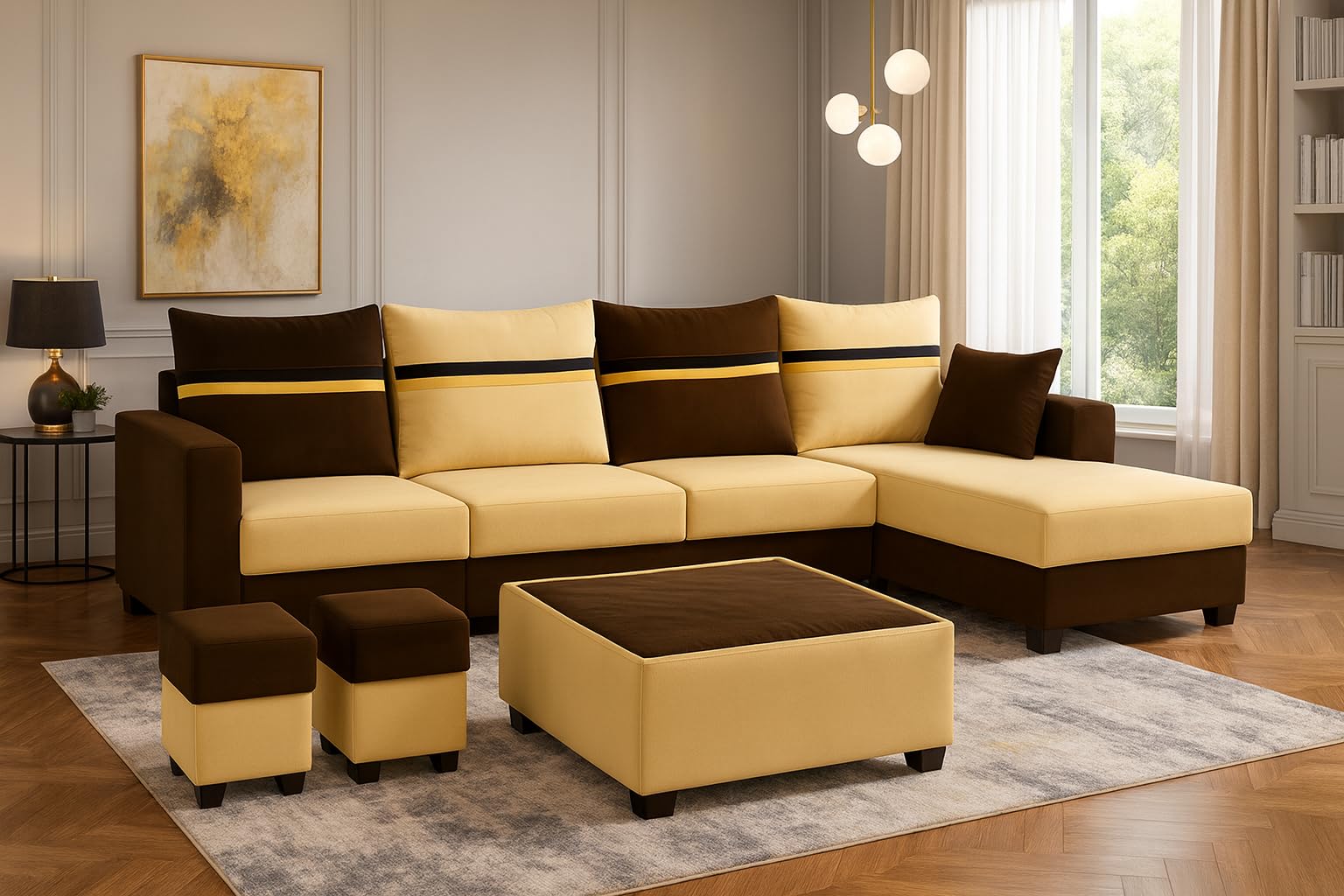 CASASTYLE Wallis 8 Seater Fabric RHS L Shape Sofa Set with 1 Centre Table & 2 Puffy (Cream- Brown) | Velvet Finish | Comfortable Sectional Sofa for Living Room
