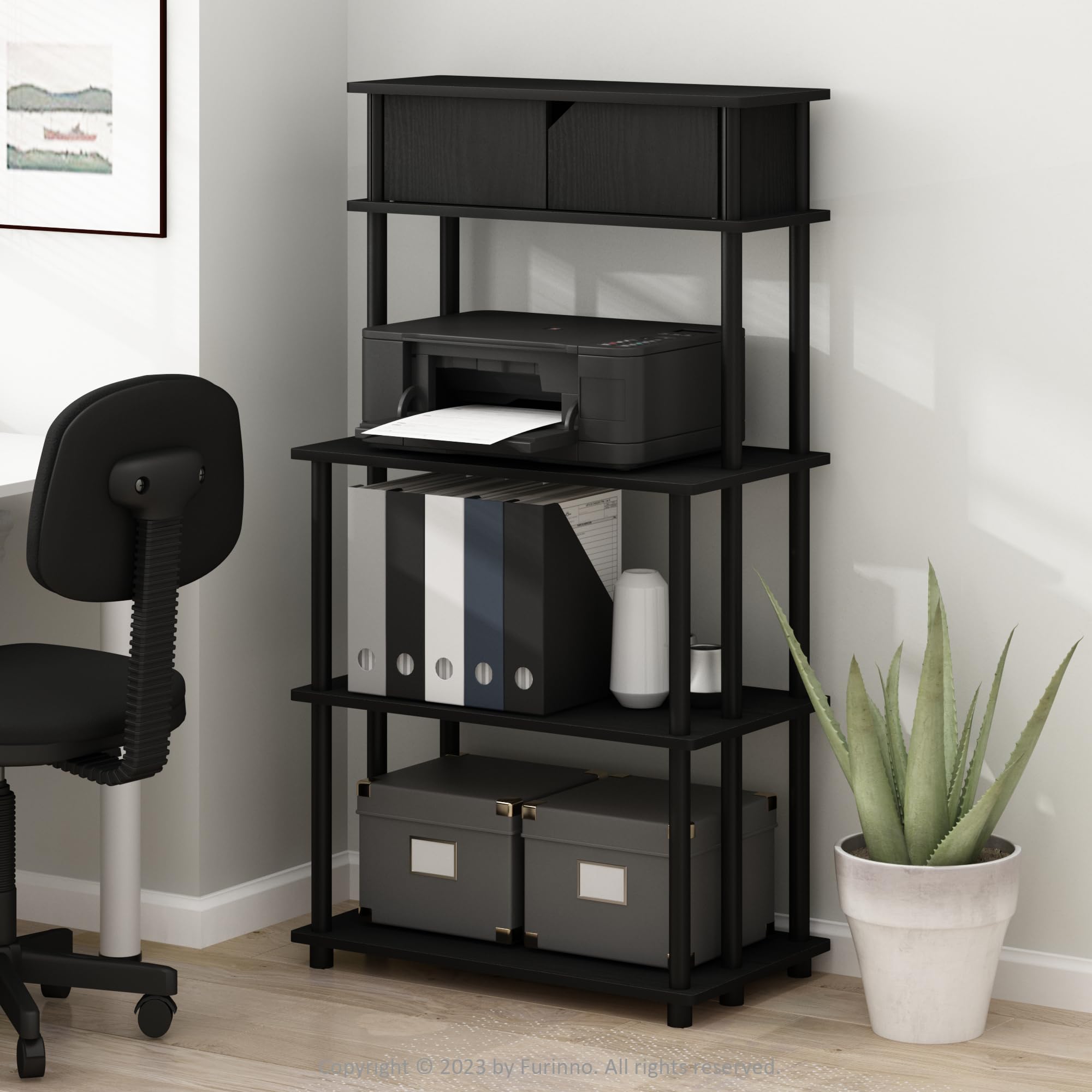 Furinno TURN-N-TUBE Printer Stand with Storage, 5-Tier Large Printer Stand, Standing Printer Table with Top Cabinet, for CPU, Office Supplies, Home Office, Americano