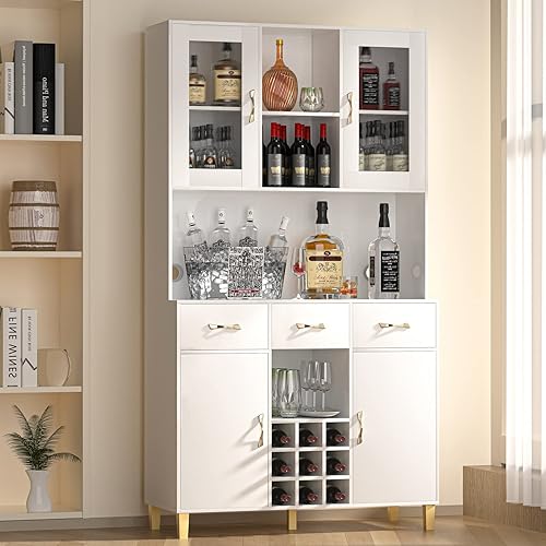 PAKASEPT Gabinete de almacenamiento de despensa de cocina gabinete de despensa con puertas de vidrio templado enmarcadas con 9 estantes de vinos