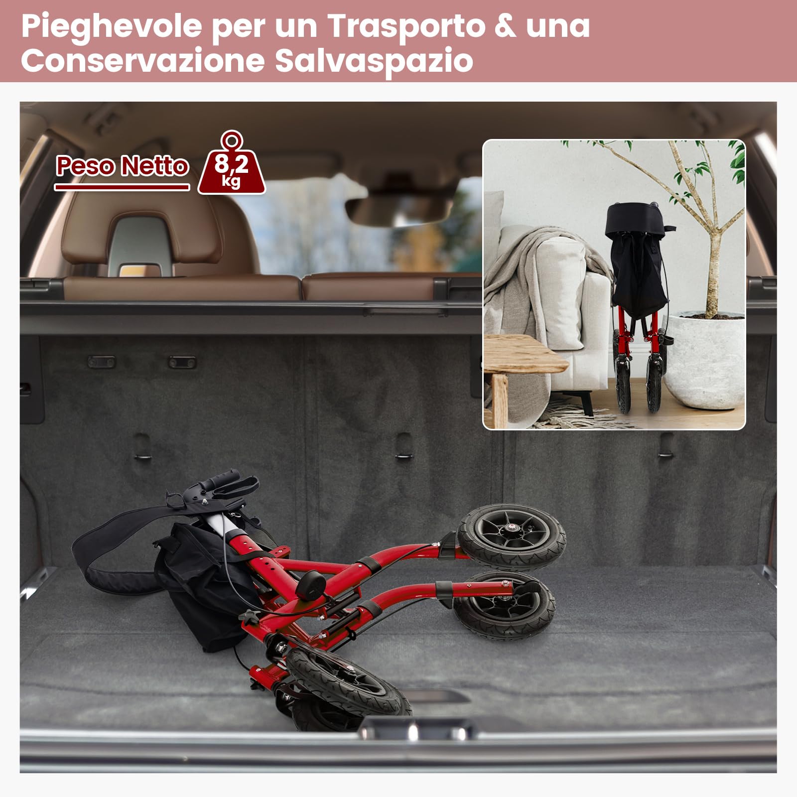 GYMAX Deambulatore per Anziani, Deambulatore Pieghevole con Seduta, 4 Ruote per Tutti i Terreni, Manici Regolabili, Con 1 Borsa e 1 Portaombrelli (Rosso)