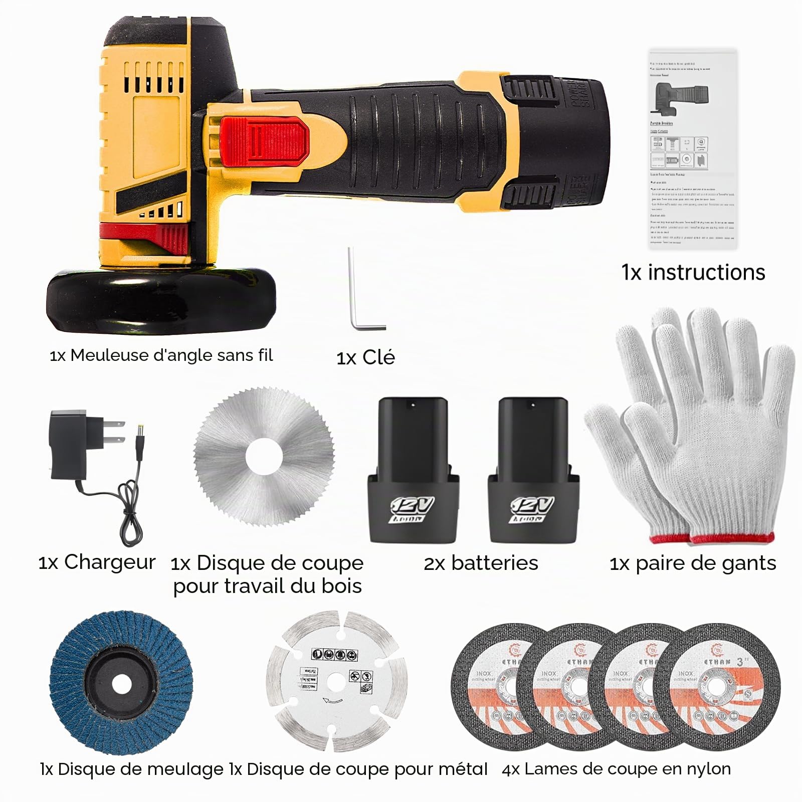Mini Meuleuse Sans Fil 76MM, Disqueuse Sans Fil 19500 RPM avec 2 Batteries et 7 Disques de Coupe, Meuleuse Portative pour Métal et Bois, Découpe Professionnelle