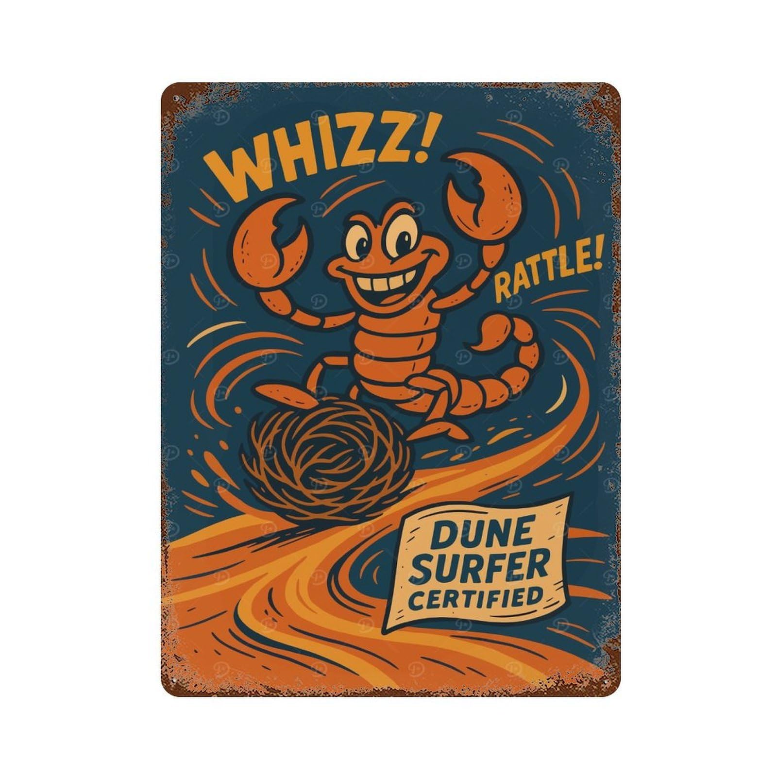 Rust Effect Dune Surfer Certified Cartoon Scorpion Rusty Metal Tin Sign 15.7"x11.8", Old School Wall Decor for Farmhouse, Kitchen And Entryway Decor