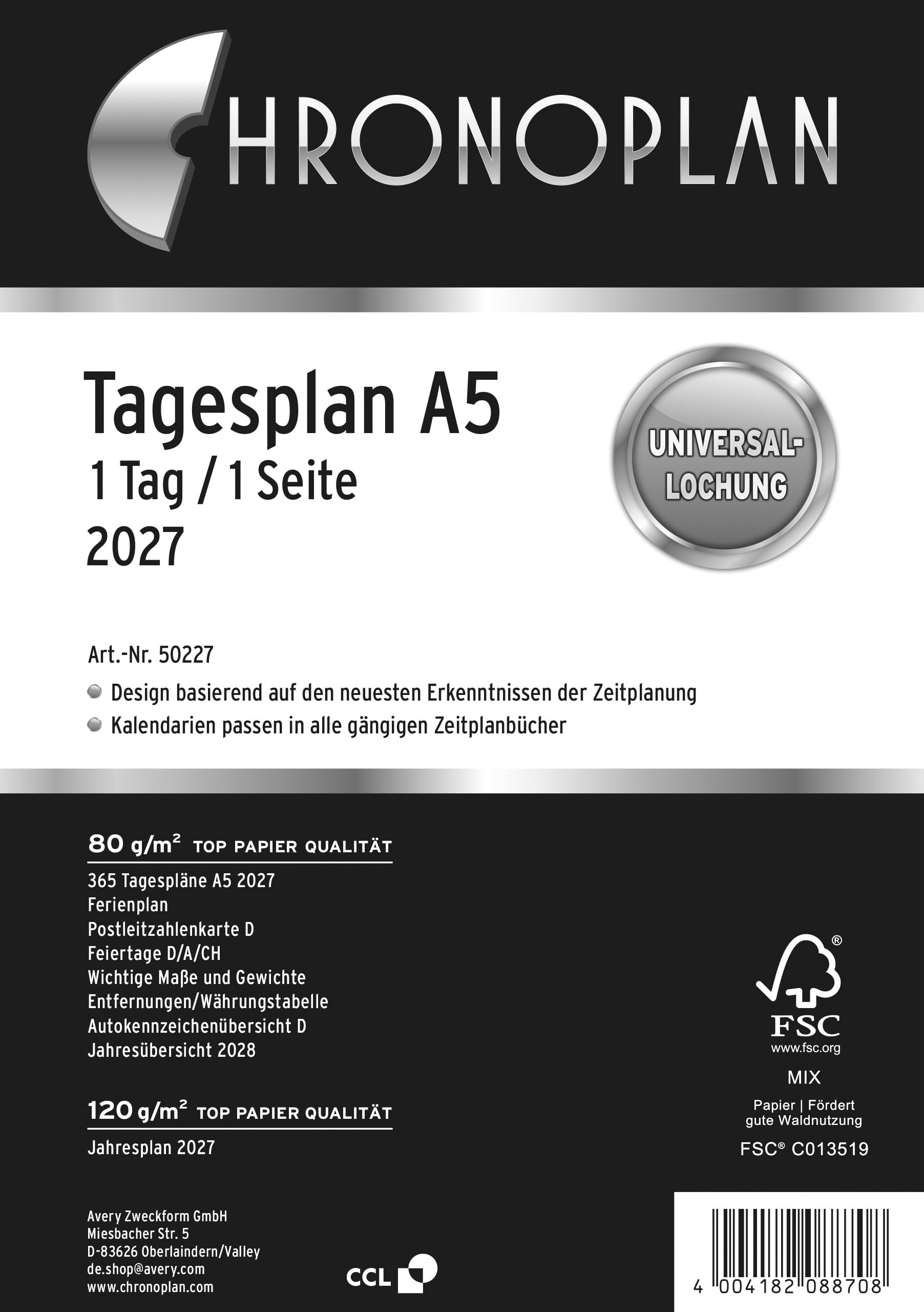 Chronoplan 50227 Kalendereinlage 2027 (Tagesplan A5 (148x210 mm), Ersatzkalendarium für Terminplaner, Tagesplaner, ideal für detaillierte Tagesplanung, 1 Tag auf 1 Seite, mit Universallochung) weiß