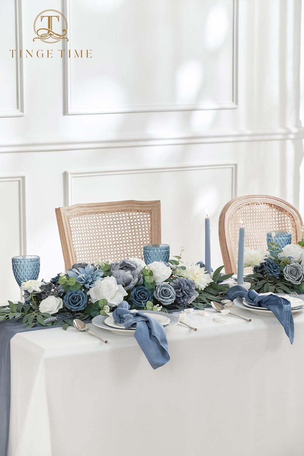 TINGE TIME Dusty Blue Flower Garlands, 2 PCS Artificial Eucalyptus Garlands, Handcraft Artificial Rose Arch Flowers for Wedding Arch Sweetheart Table Ceremony Backdrop Decorations for Home