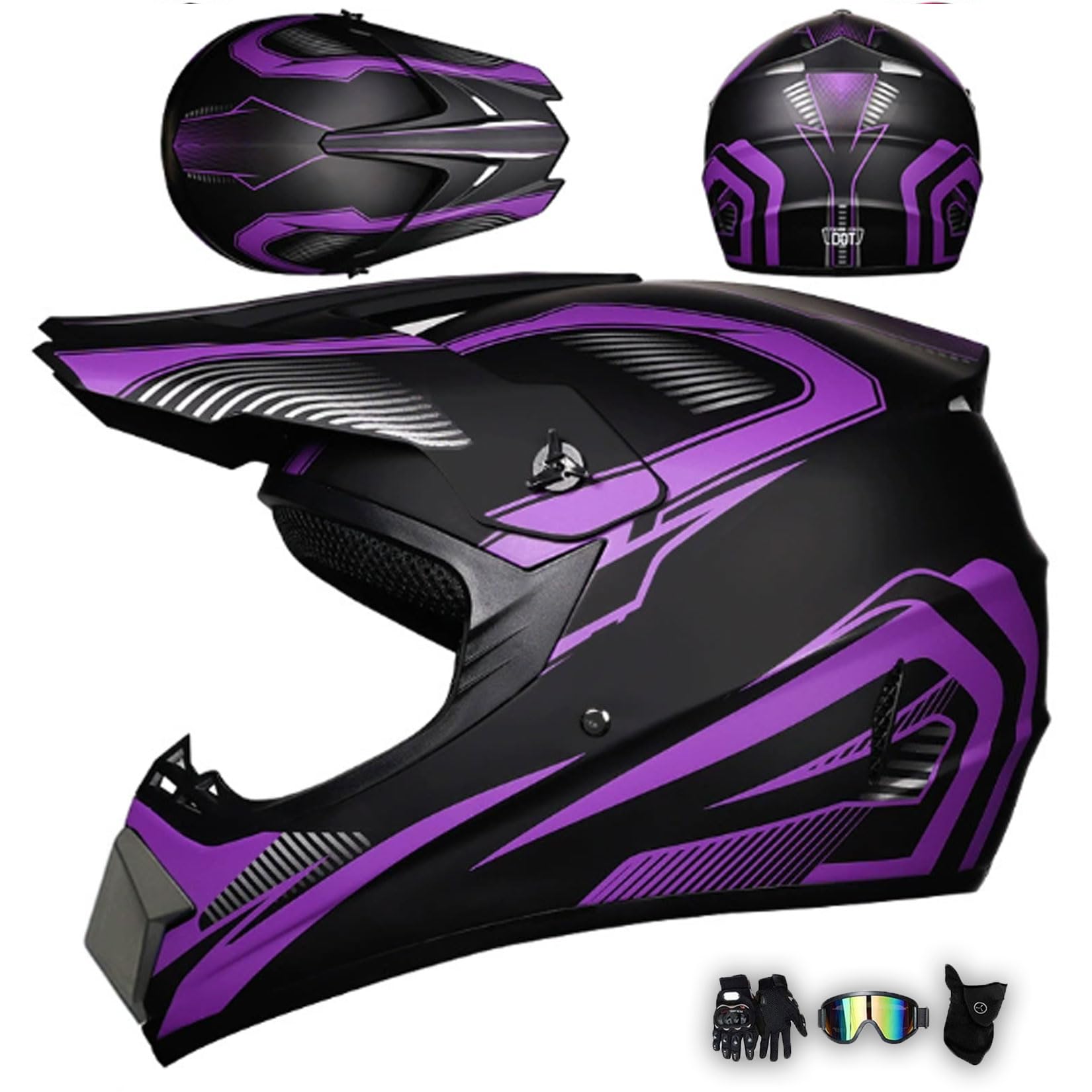 Casco Motocross con Visiera ECE Casco Cross Integrale Downhill Offroad Uomo Donna Casco da Moto Ciclomotori Caschi per Enduro ATV Dirt Bike con Guanti Occhiali Maschera,Purple-L/56~57cm