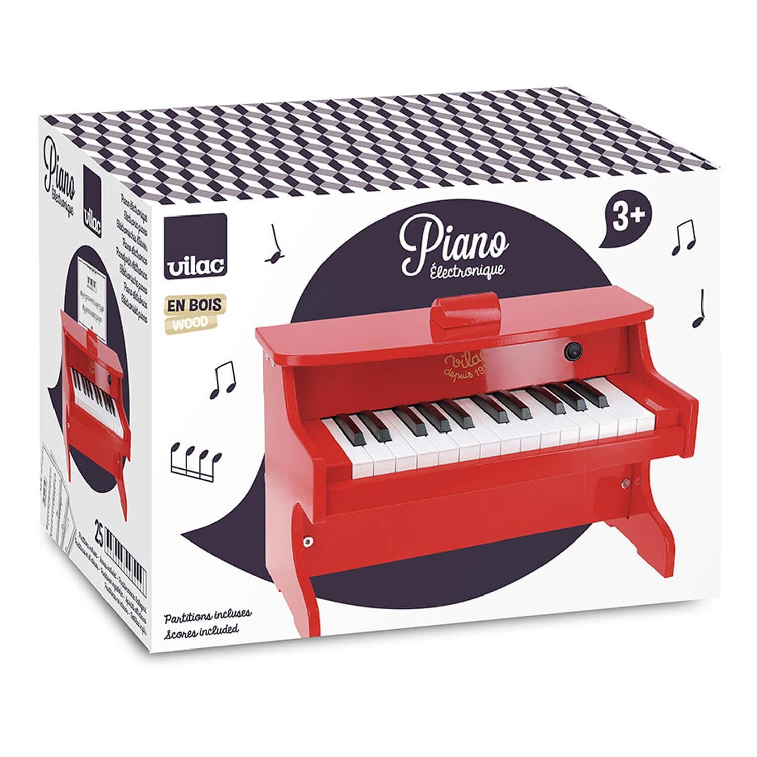 Vilac - Piano Electronique - Instrument de Musique - Jouet Educatif en Bois - Partitions Incluses - 25 Touches - Rouge - pour Enfants à Partir de 3 Ans