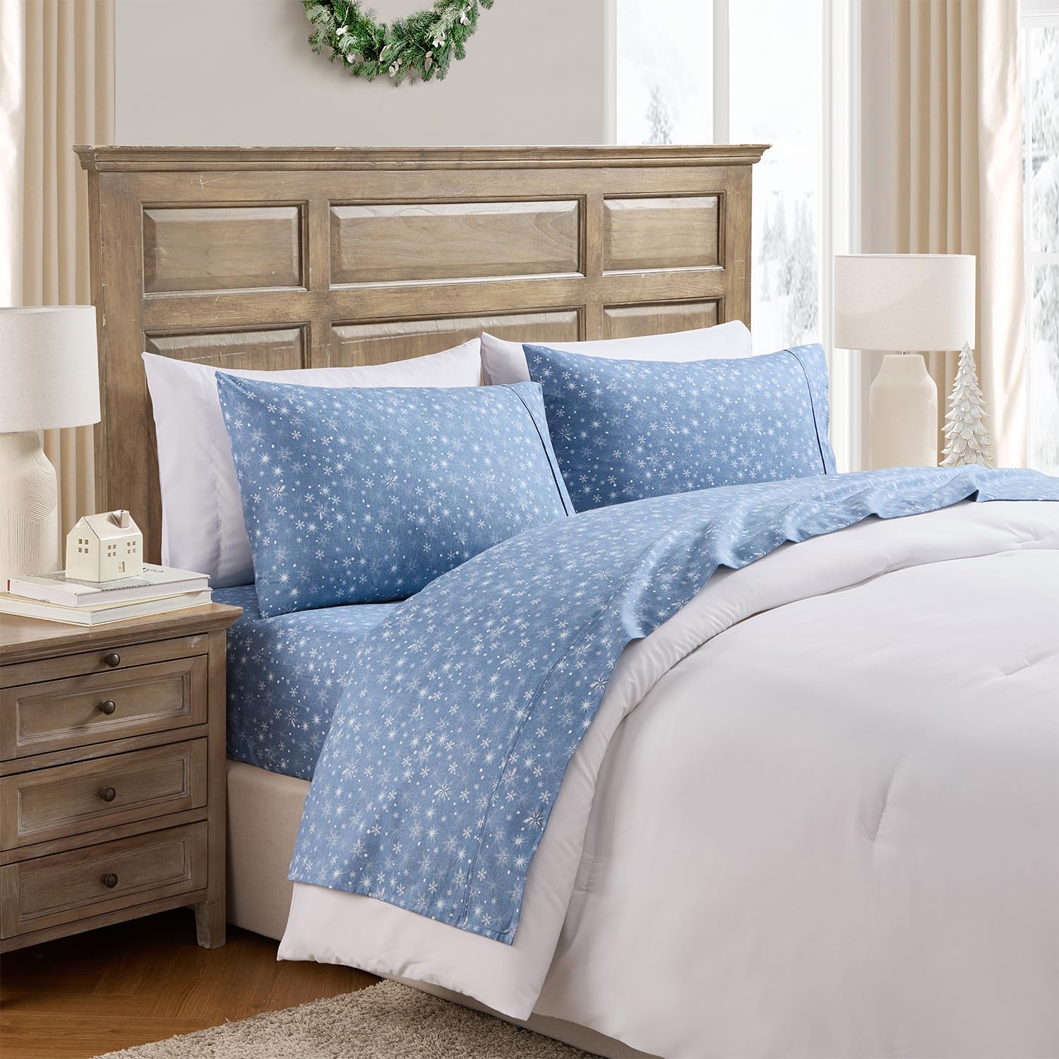 Hallmark - Holiday Sheets, 3-Piece Soft Brushed Cotton Sheet Set with Matching Pillowcase (Snowflakes Blue, Twin)