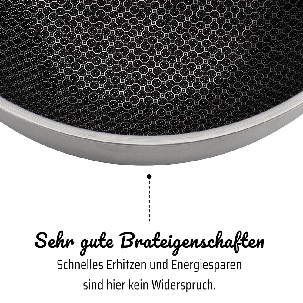 GSW Schmorpfanne Inoxxa Black, Hohe Pfanne mit Glasdeckel & Gegengriff, Edelstahlpfanne, Wabenpfanne mit kratzfester Antihaftbeschichtung, Bratpfanne Induktion, 28 cm