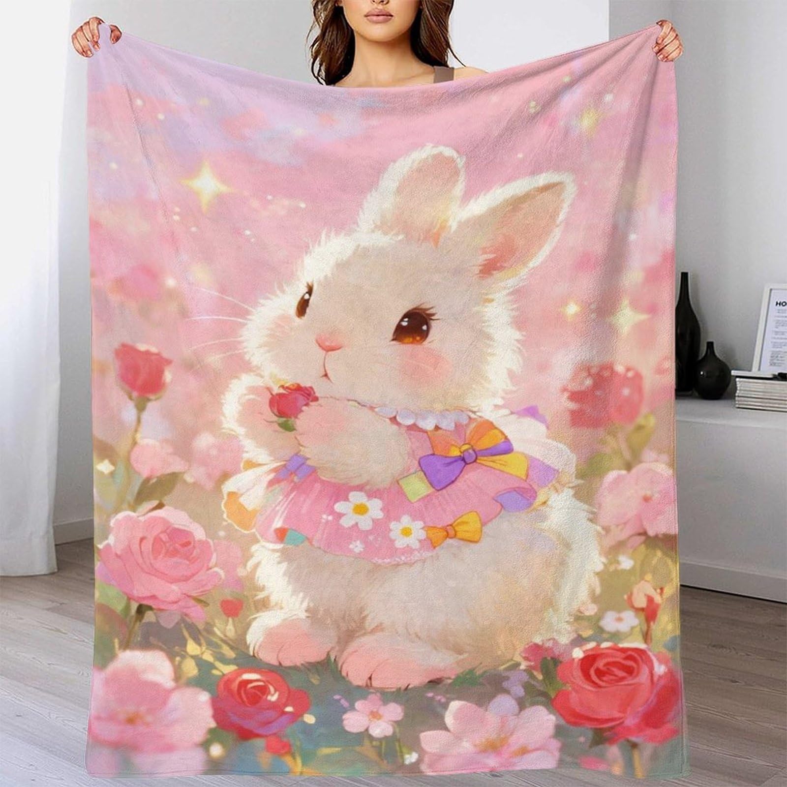 EMYXPAQM Bunny Fleece Throw Blanket for Couch Sofa Bed All Season Bunny Flower Sea Pattern Blanket Soft Warm Cozy Flannel Presents for Girls Kids Adults 50x60inch(127x152cm)