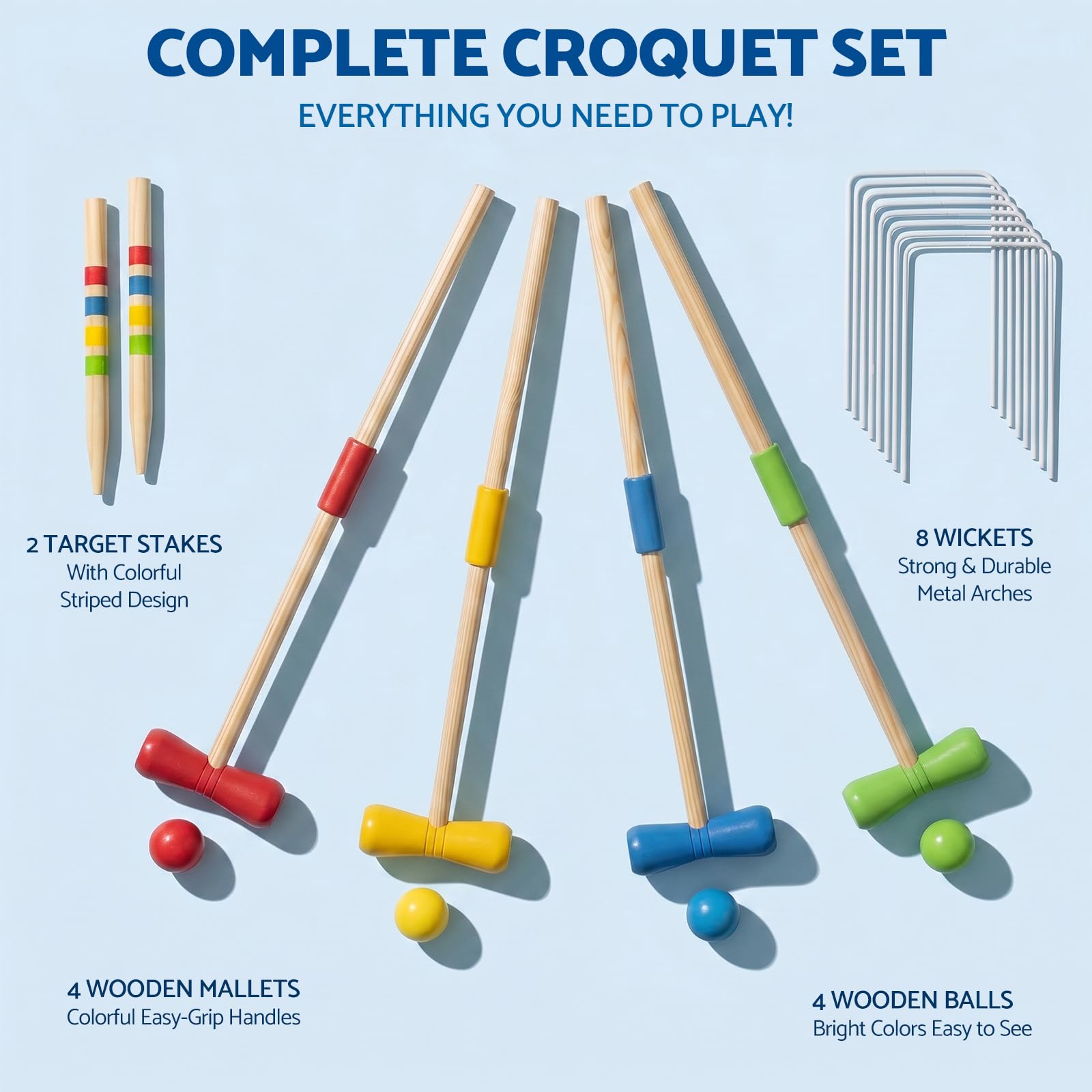 WOODENFUN Holz Krocket Set Spiel Crocket für 4 Spieler Kinder Erwachsene Außenbereich Krocketspiel Spielspaß für Jungen Mädchen ab 3 Jahren (Verschiedene)