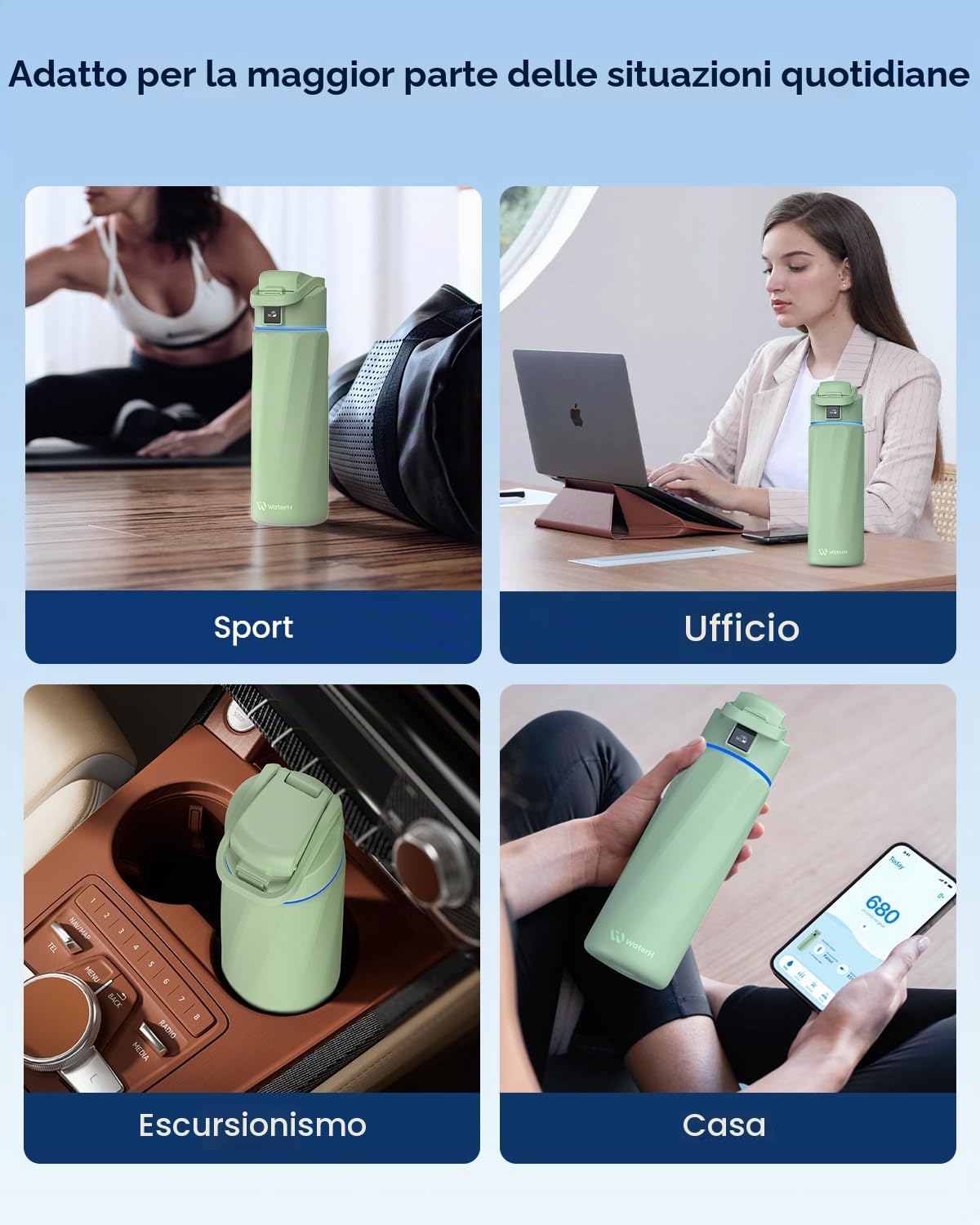 WATERH BOOST - Borraccia intelligente con promemoria idratazione e tracker, borraccia termica sottovuoto in acciaio inox, senza BPA, apertura larga, ideale per palestra, scuola, ufficio, 710 ml