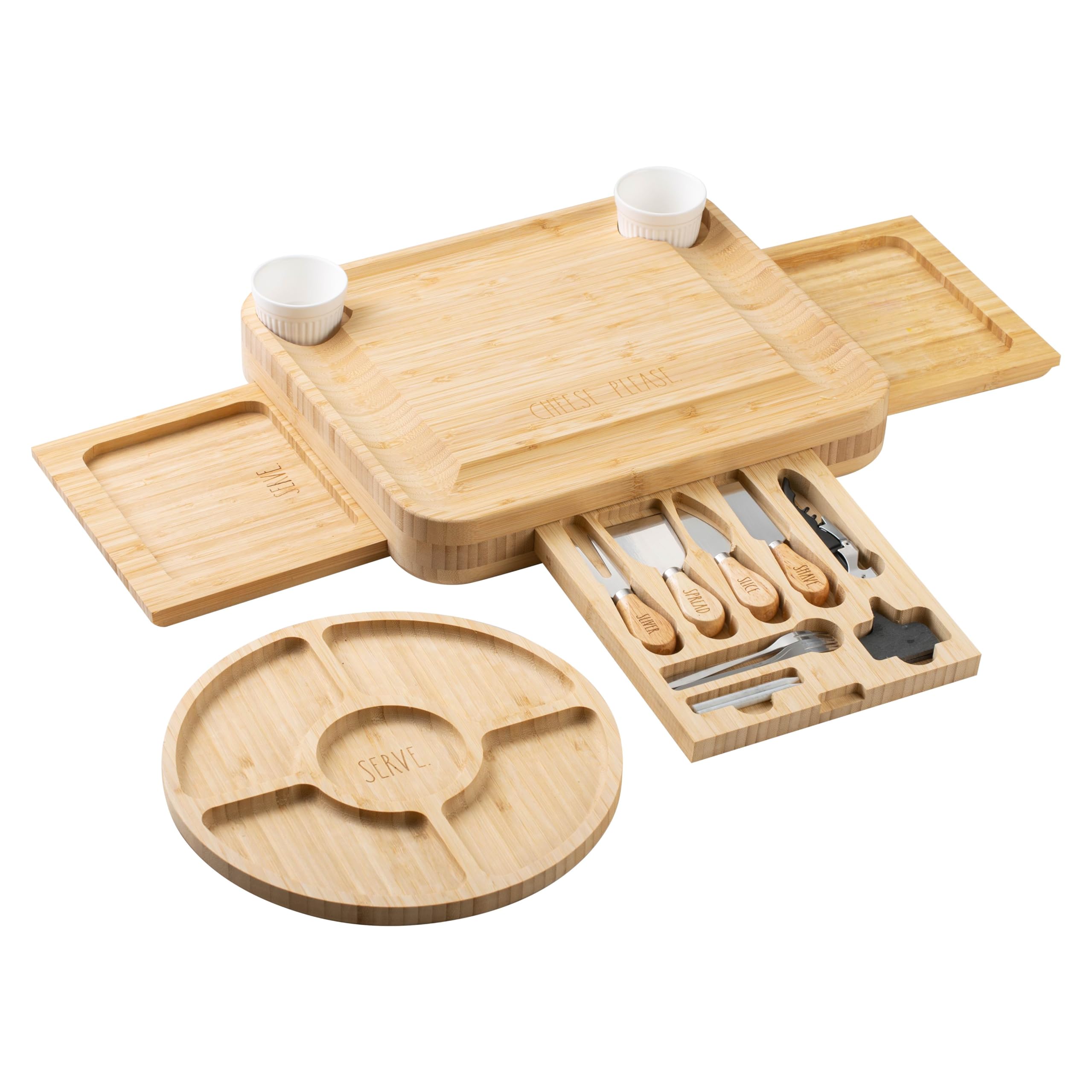 Rae Dunn Tabla de embutidos y accesorios, juego de tablas de charcutería grandes, juego de tablas de queso de bambú con tenedores y platos para servir, cuchillos de queso incluidos