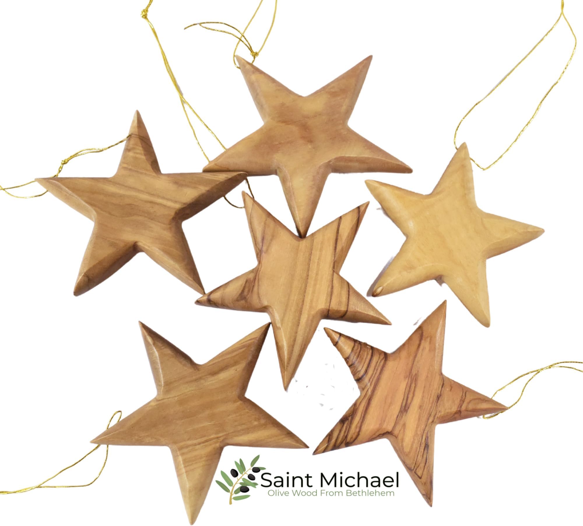 Olive Wood Star Ornaments for Christmas Tree – Hand Carved Holy Land Bethlehem Christmas Tree Decoration | Unique 100% Authentic Olive Wood –3x3