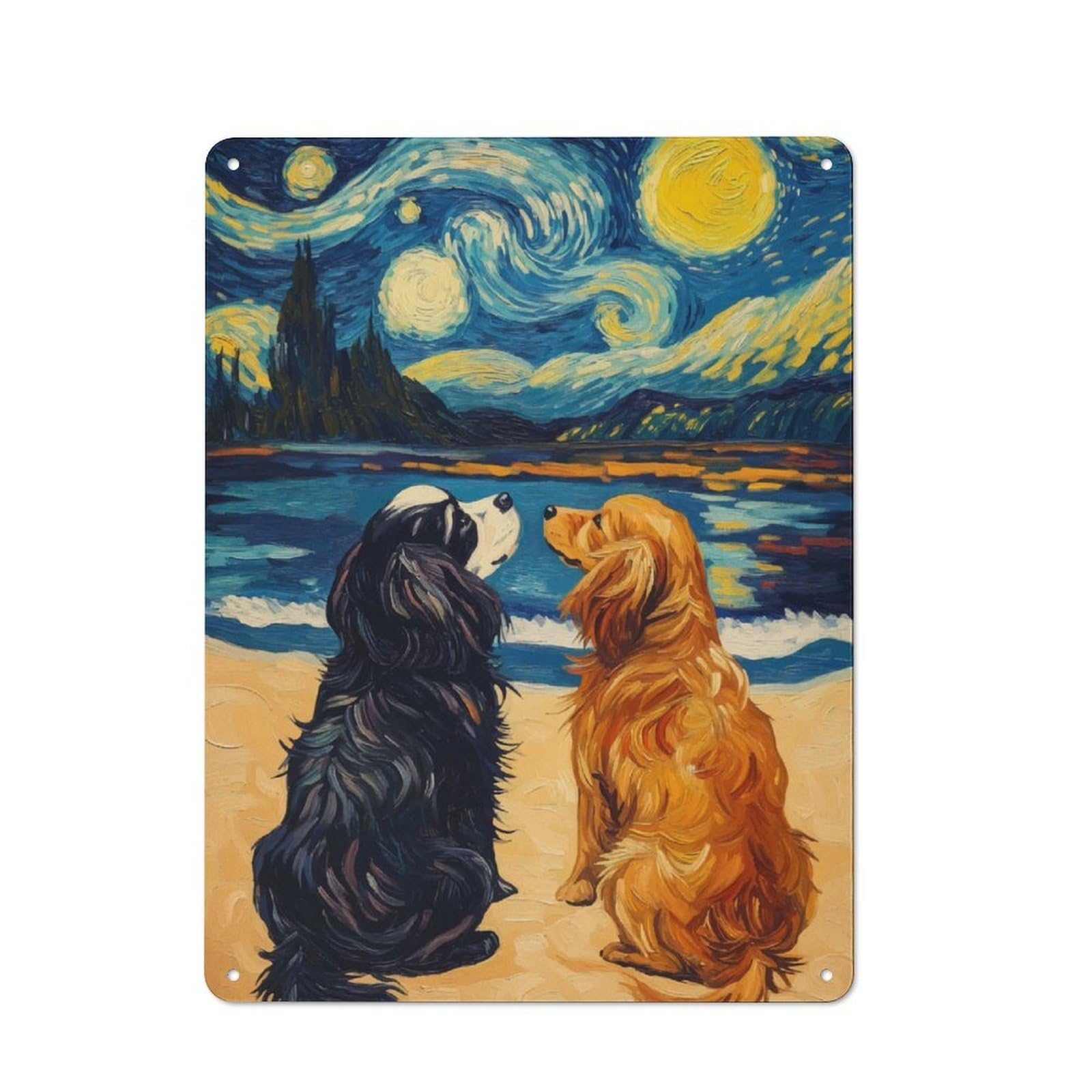 Junmoney Starry Night Dogs Vintage Metal Plaque 40X30cm For Dining Room Or Kitchen, For Dining Room Decor Fans
