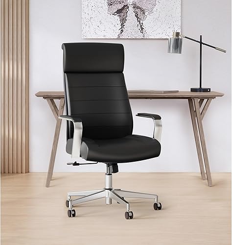 Miniatura 2 de Realspace Modern Comfort Modee - Silla de oficina ejecutiva de cuero vegano con respaldo alto, negrocromo, compatible con BIFMA