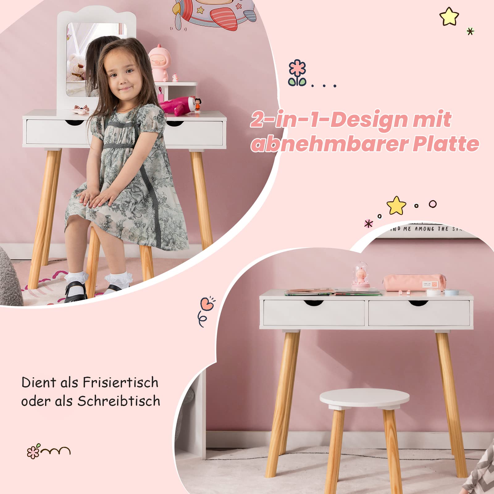 COSTWAY Set da toeletta per bambini, 2 in 1, tavolo da toeletta e sgabello con specchio rimovibile, 2 cassetti, pettine, in legno, per ragazze dai 3 ai 7 anni