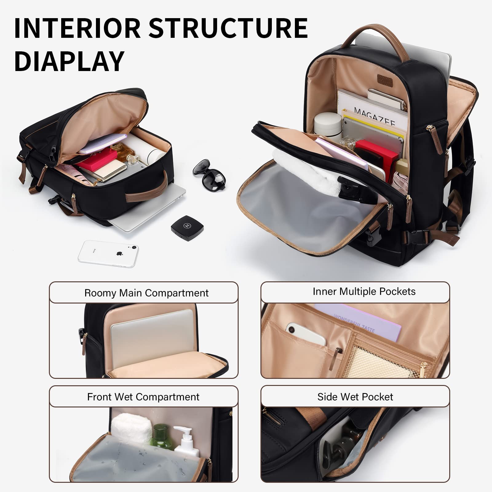 GOLF SUPAGS Zaino per Laptop con Scomparto per Laptop Separato Adatto a Notebook da 15,6 Pollici Borsa per Computer di Grande Capacità per Zaini da Lavoro e da Viaggio per Università da Donna (Nero)