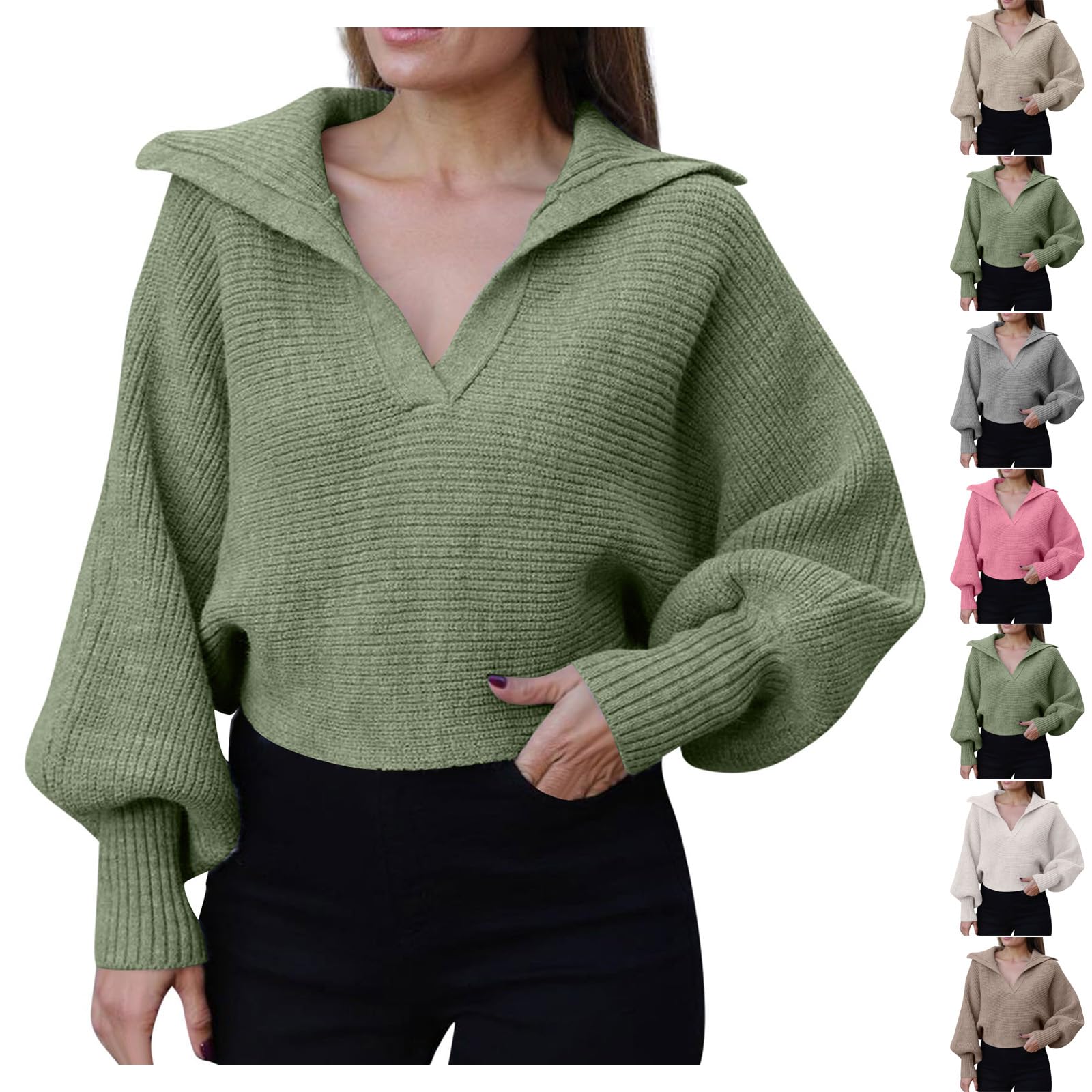 V Neck Crop Sweater for Women Cropped Long Sleeve Tops Oversized Sweaters Trendy Casual Cozy Cute Pullover Knit