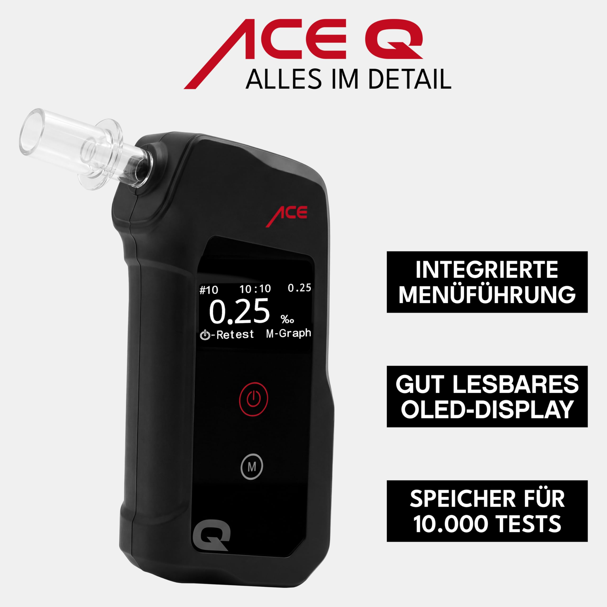 ACE Q Alcoholímetro: Ganador de la comparativa con una precisión del 98,7% (Univ. Técnica de Viena, enero de 2026). Alcoholímetro calibrado con la Misma precisión Que los utilizados por la policía