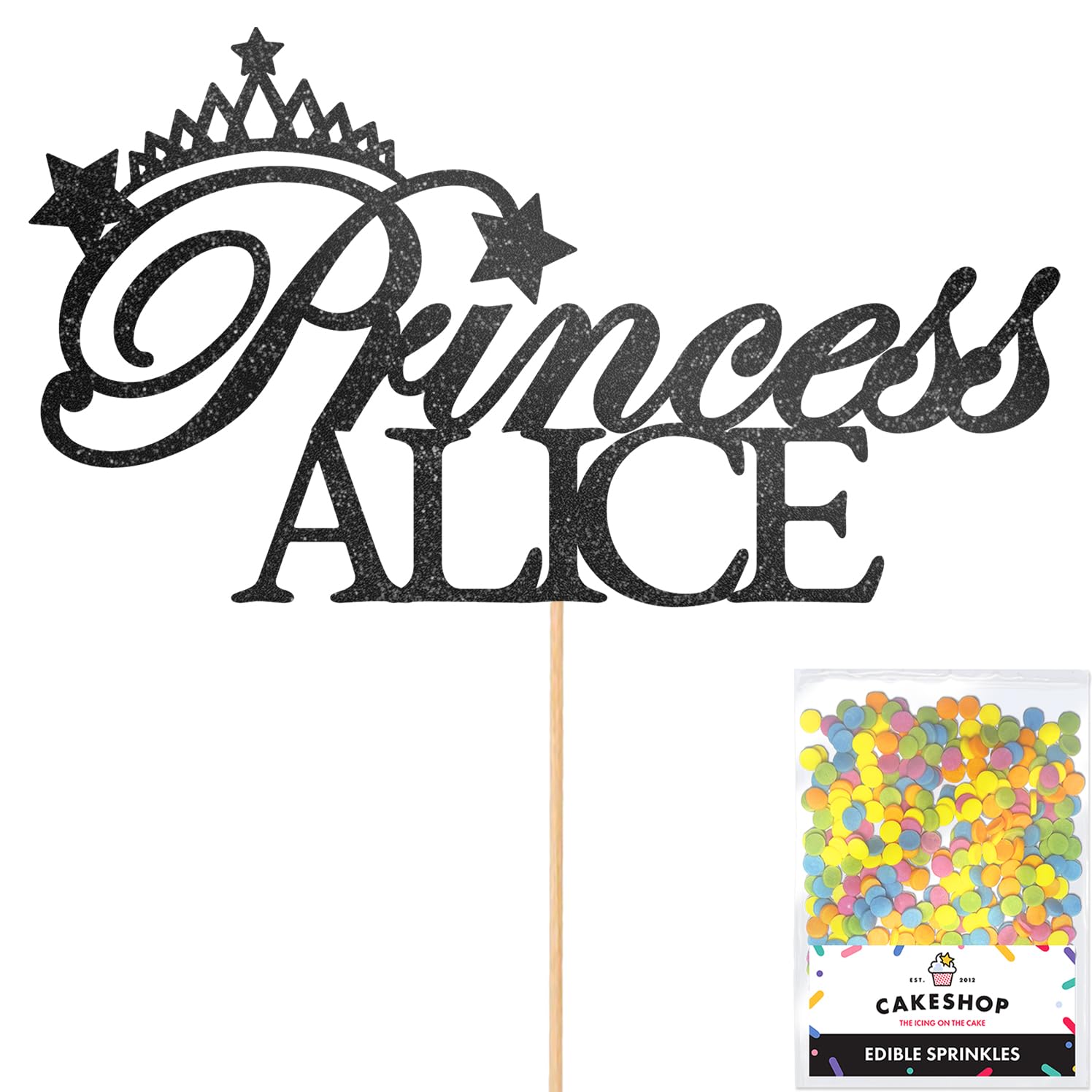Personalised Birthday Princess Glitter Cake Topper- Black Any Custom Name Glitter Cake Decoration and Sprinkles - Happy Birthday Decorations - Personalised Toppers for Cakes by Cakeshop โ image 1