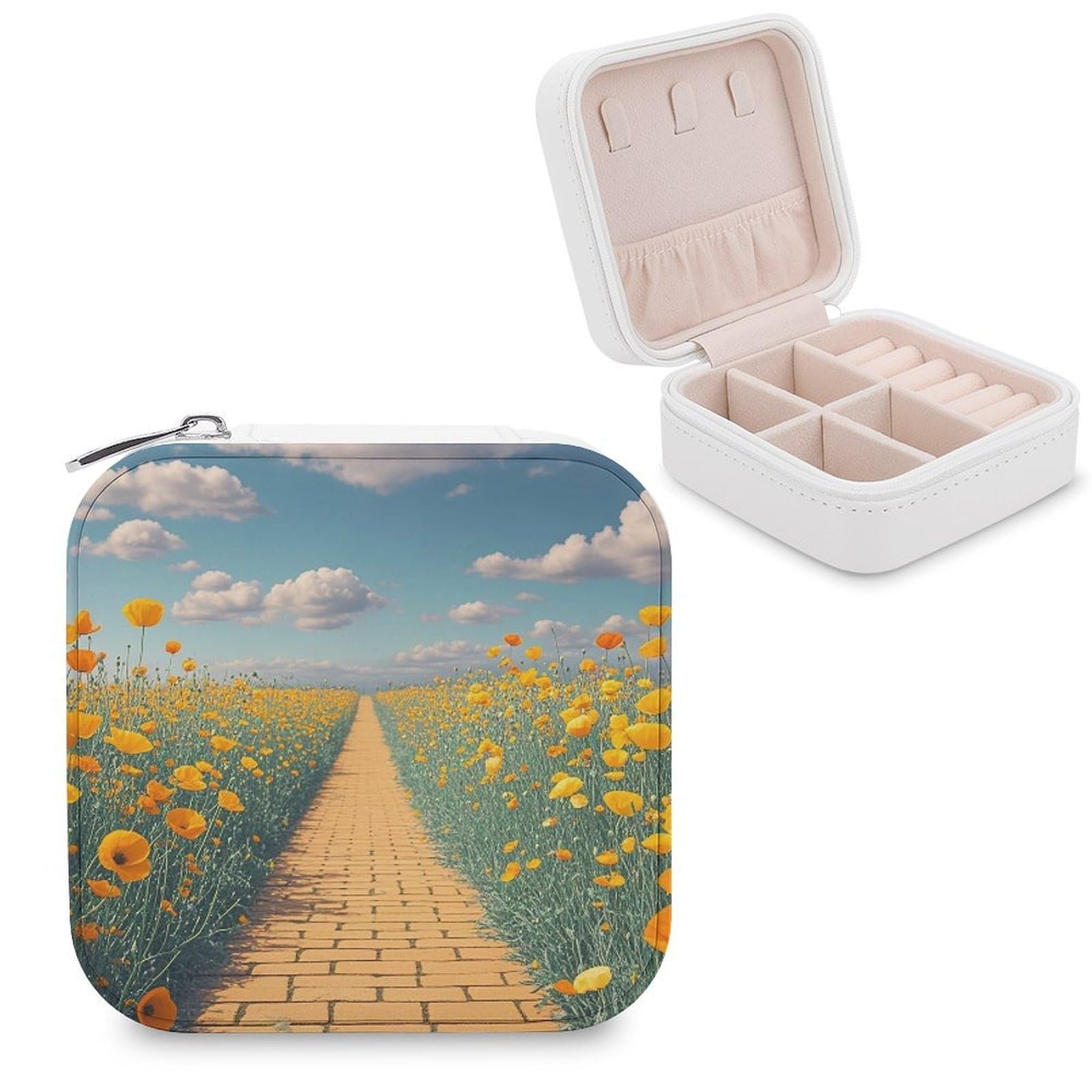 FekiLoot Poppies Field Yellow Brick Road Travel Jewelry Box Small Jewelry Organizer Storage Case Portable PU Leather Mini Jewellry Travel Case Necklace Ring Storage Organizer Gift for Women