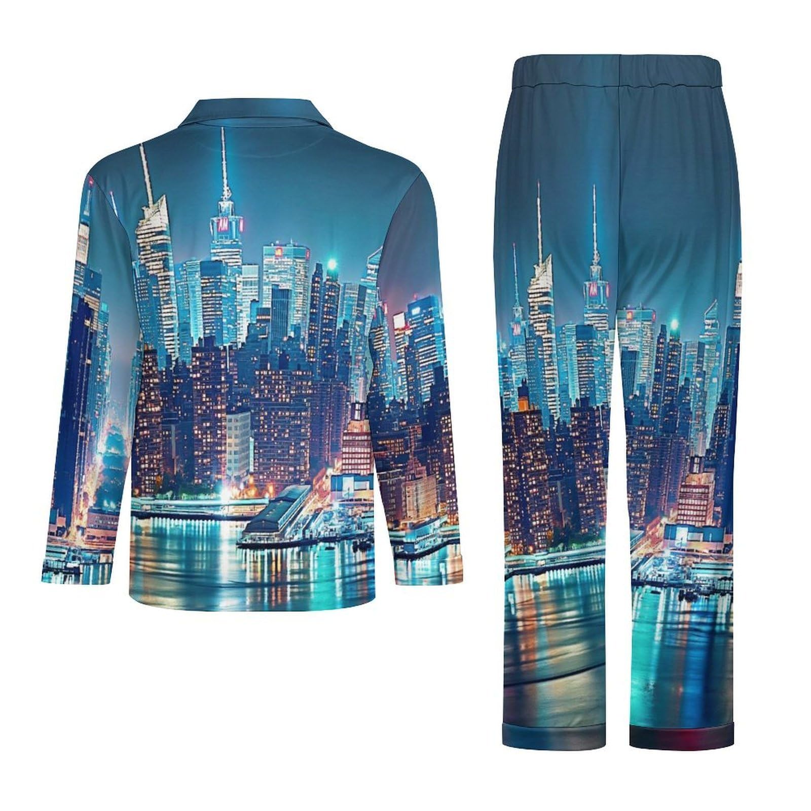 OLEETS Completo Pigiama da Uomo - Vista Notturna della Città Pigiama Invernale Pantaloni Top Caldo Autunnale Traspirante Morbido 2 Pezzi Casual Ampio