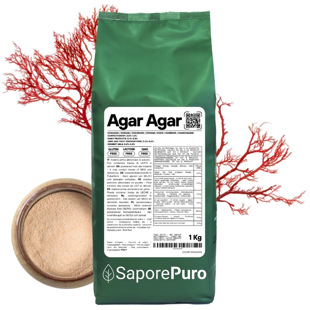 SaporePuro AGAR AGAR en polvo 1 kg – Gelificante natural SIN GLUTEN – Ideal para cocina molecular, espesante para postres, mermeladas, flanes y helados