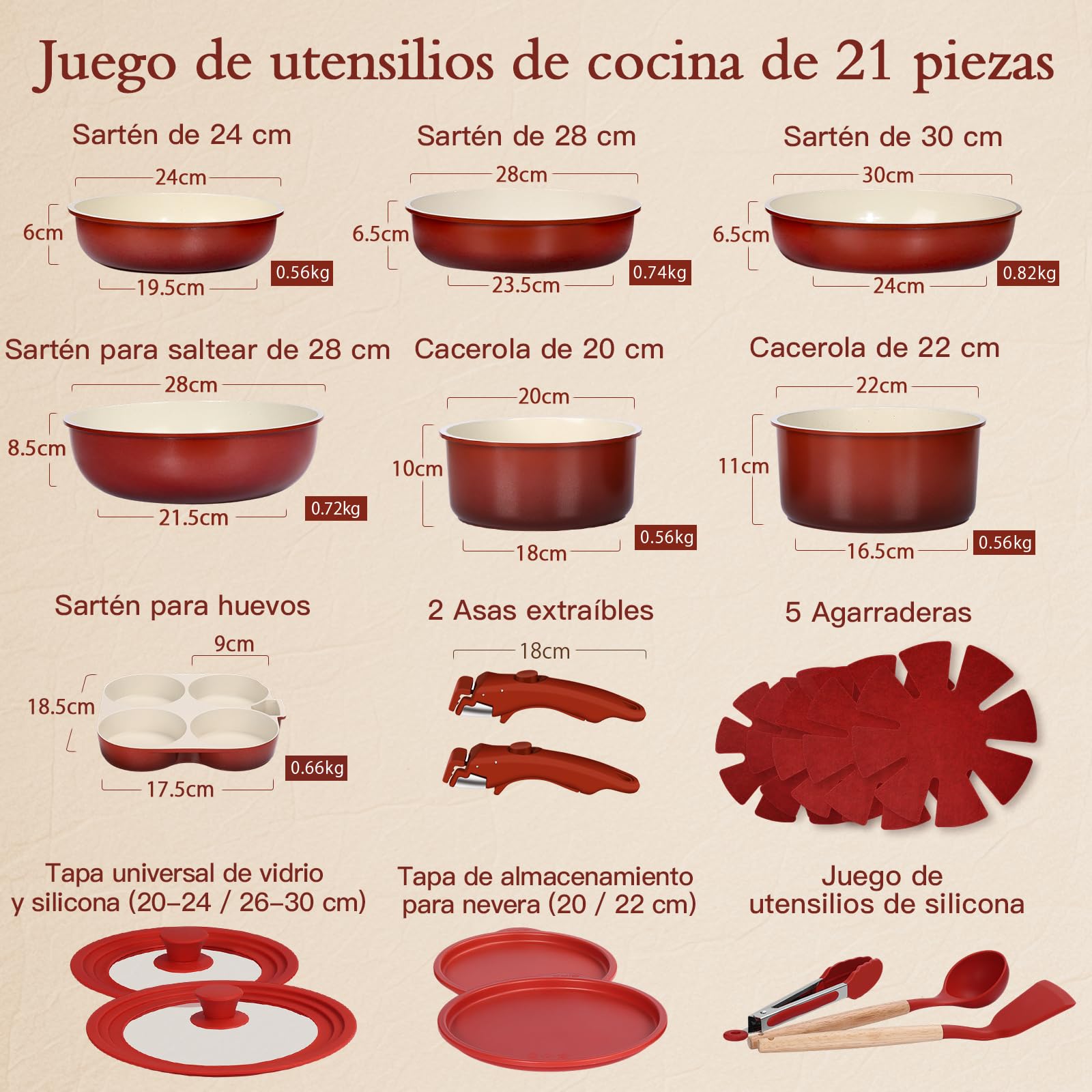 GiPP Juego de Ollas y Sartenes Antiadherentes 21 Piezas, Cacerolas de Cocina Induccion Sin Toxicos, Mango Extraible, Apta para Todo Tipo de Cocinas y Horno, Degradado Rojo