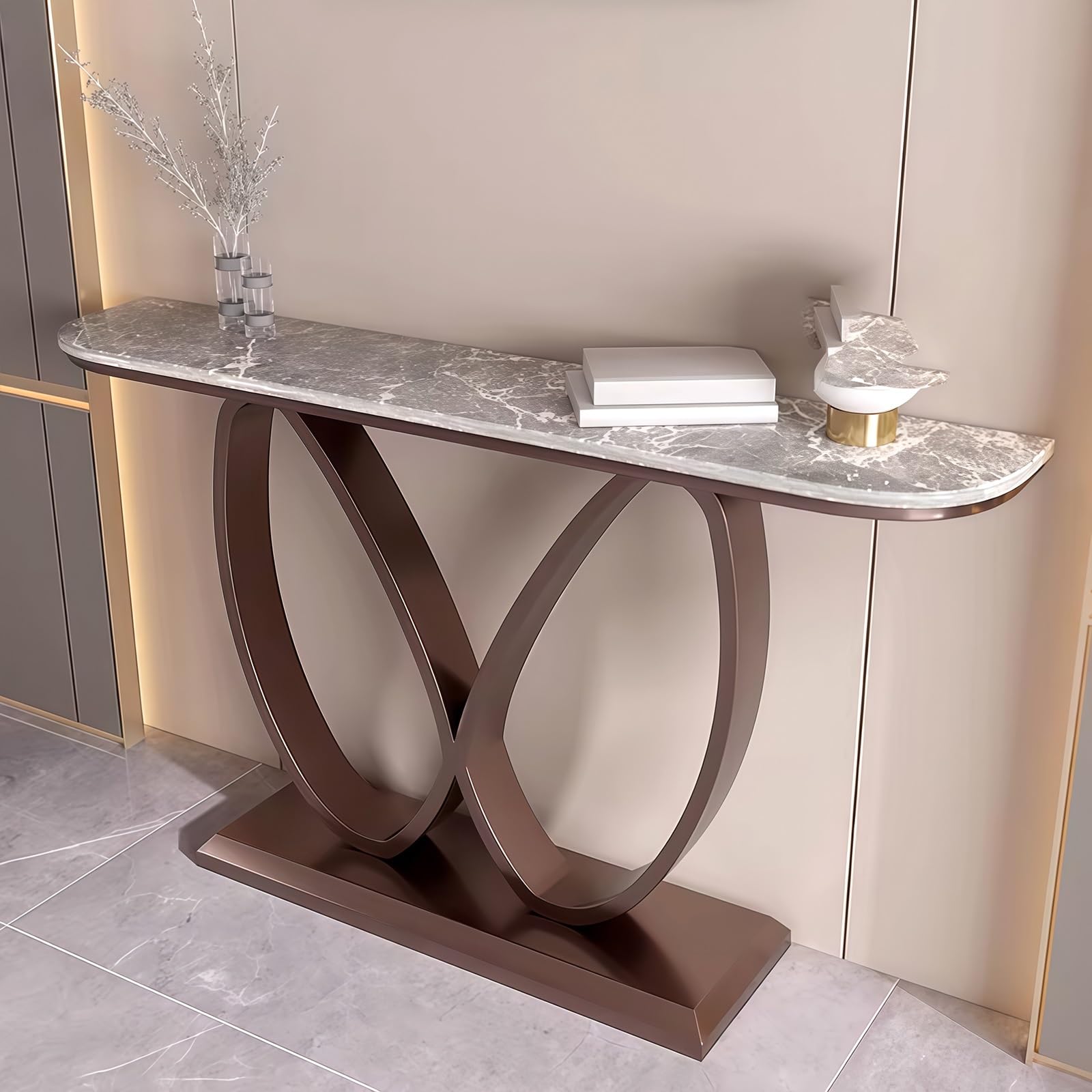 Consolle, Tavolino d'ingresso stretto effetto marmo con base geometrica in metallo, Tavolini d'appoggio contemporanei, Base decorativa creativa in acciaio al carbonio (Marrone + Grigio, 120 cm/47,2"