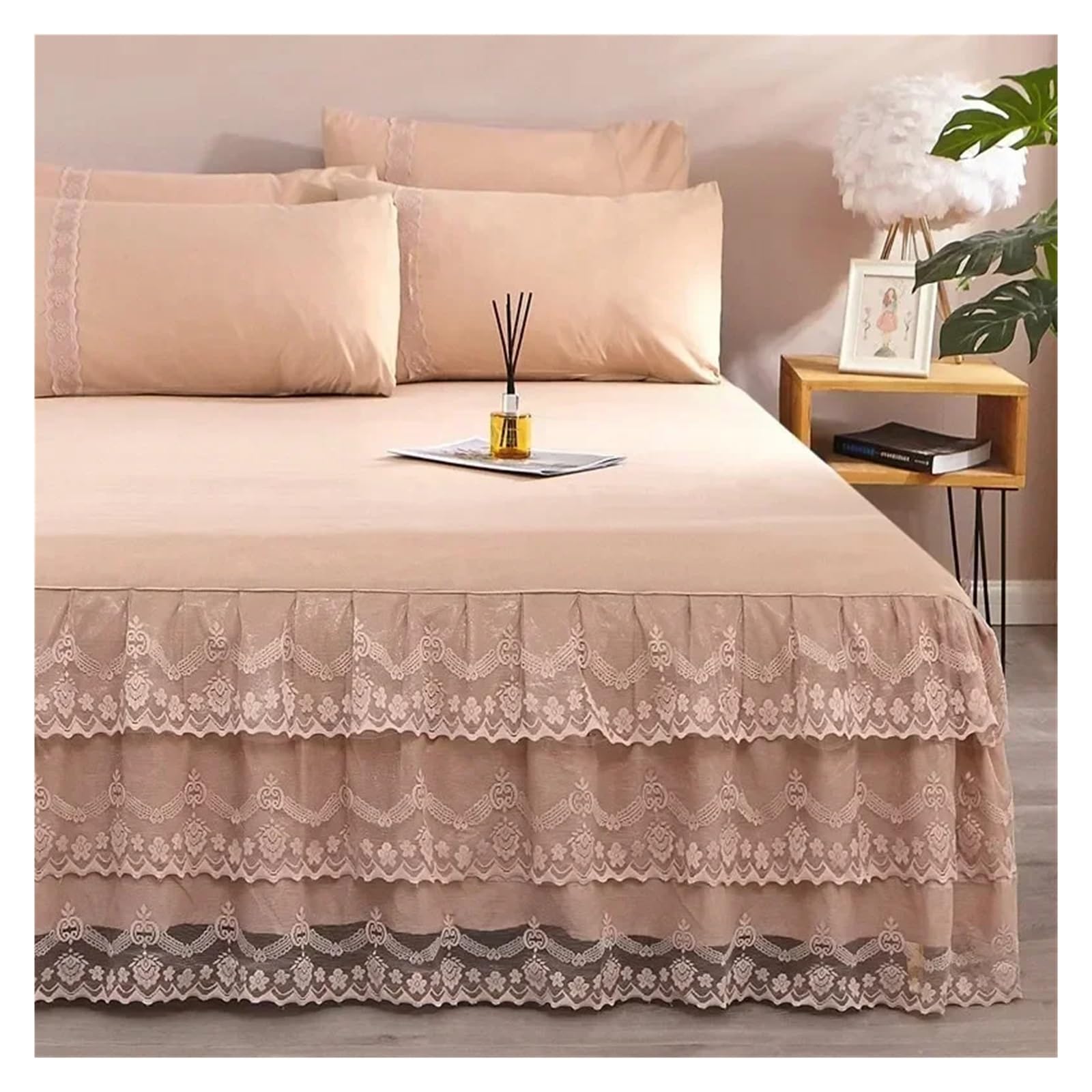 Falda de Cama de 3 Capas, Falda de Cama con Volantes de Encaje, Funda de Cama for Dormitorio, Falda de Cama, Funda de colchón Antideslizante, sábana, Colcha, 1 Unidad(Khaki,1pc 150cmx200cm)