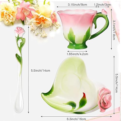 Miniatura 5 de ONEUSTAR Juego de taza de té rosa y platillo para 1 taza de café de cerámica hecha a mano con flores rosas para el día de la madre, Acción de