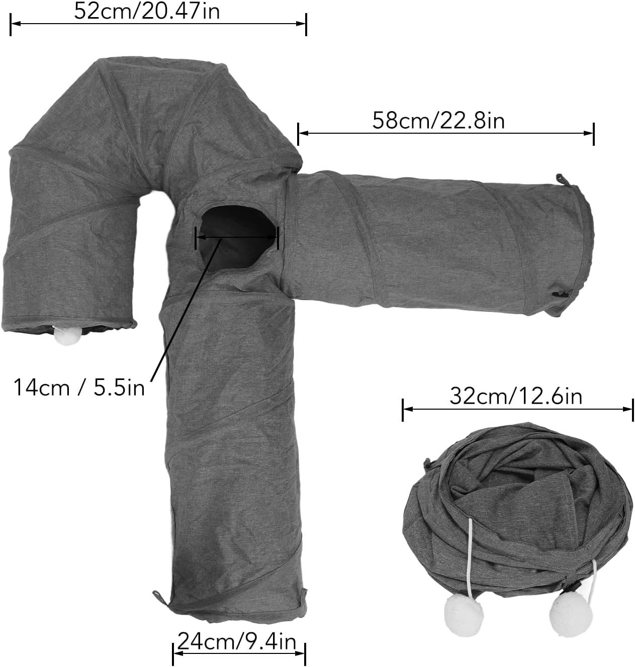 3 Way Cat Tunnel, Foldable Pet Toy, Canvas Material, Built in Hanging Plush Ball, Skylight Opening, Suitable for Cats Kittens Daily Exercise