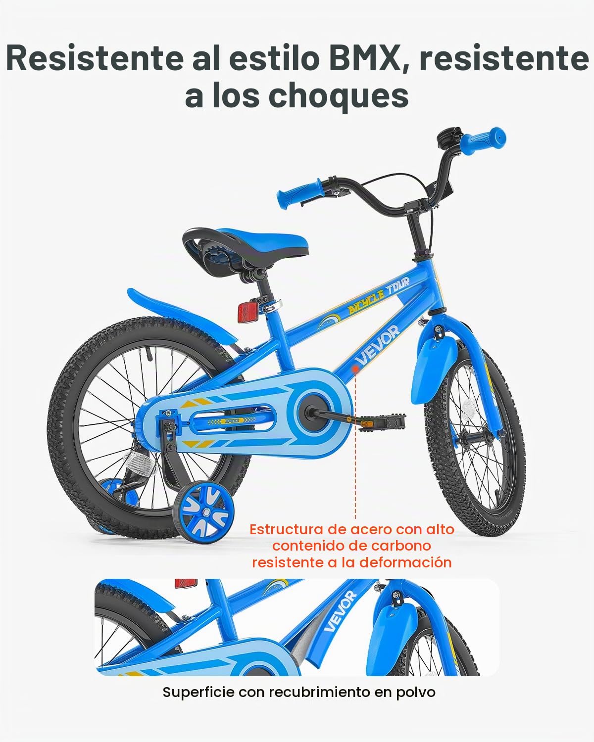 VEVOR Bicicleta Infantil, Bicicleta para Niños de Estilo BMX 1120 x 500 x 750 mm con Ruedas de Entrenamiento, Altura Recomendada del Ciclista de 100 cm - 130 cm para Niños de 4 a 8 Años, Azul