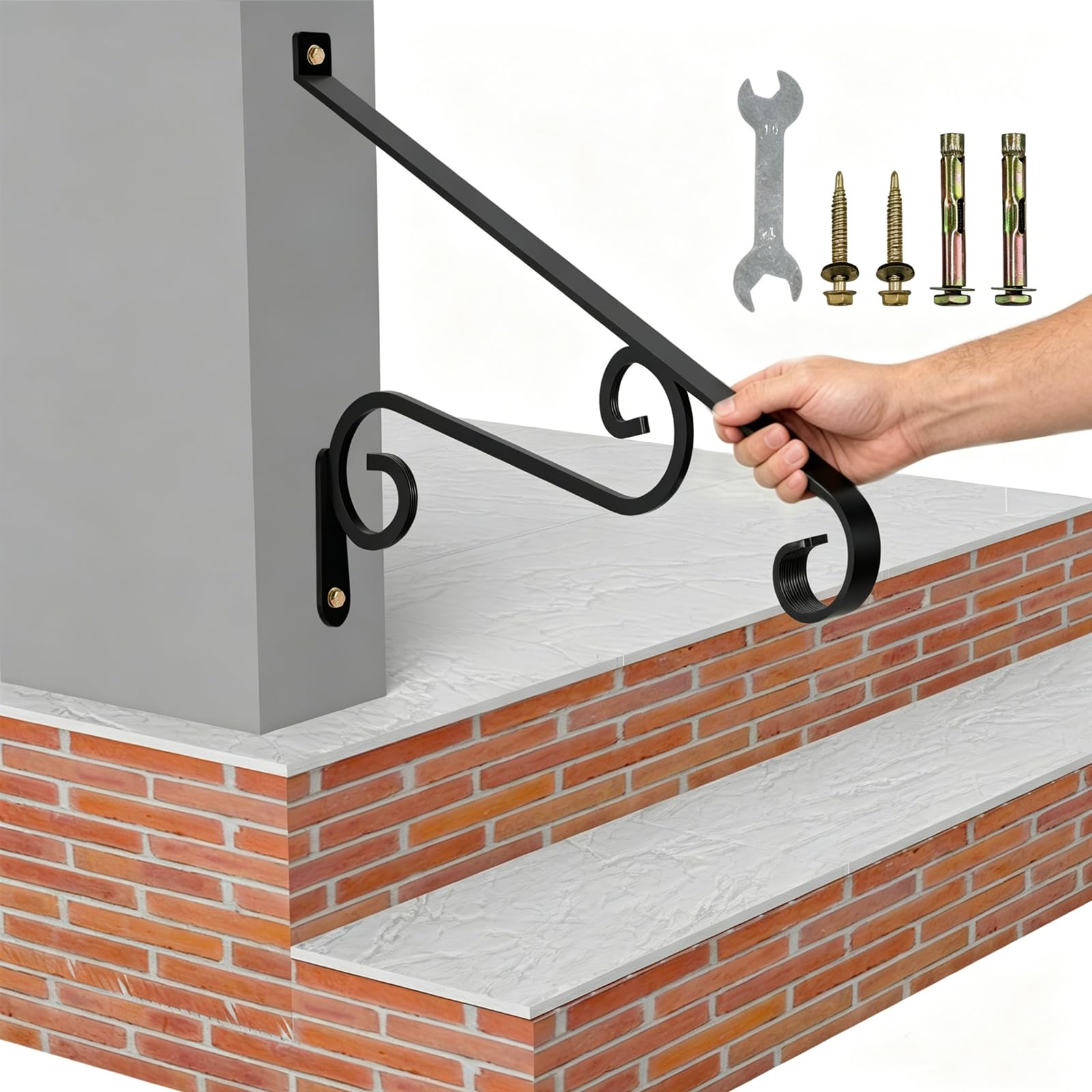 21.7" Outdoor Stair Handrails,1-2 Steps Stairs Rails-Wall Mounted Wrought Iron Hand Railing-Staircase Grab Rail-Heavy Duty Metal Art Handrail for Outdoor Steps-Porch Garage-Anti-Corrosion Carbon Steel โ image 1