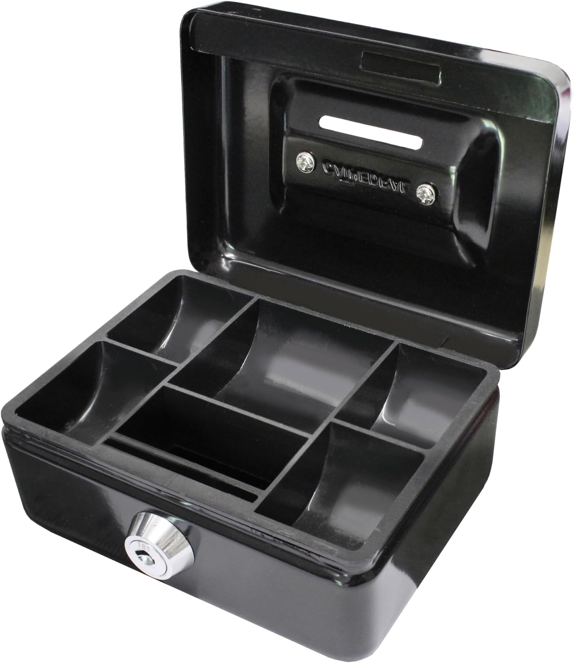 Hyfive® Steel Security Petty Cash Box with Keys & Tray in Black, 6