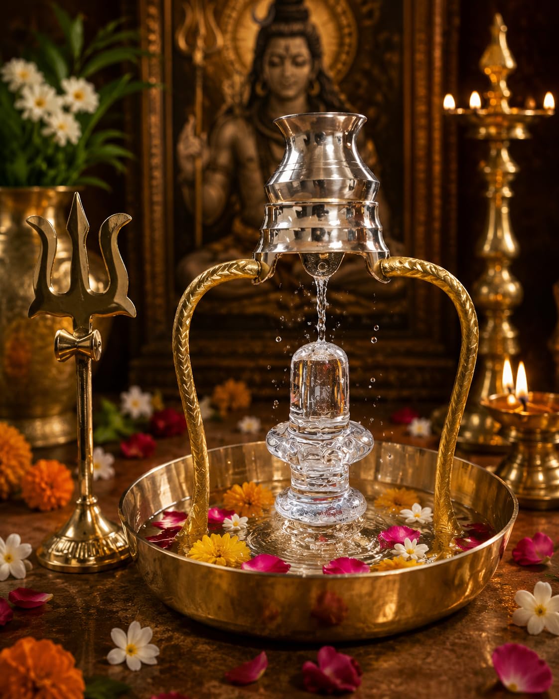 Premium Crystal Sphatik Shivling with Brass Jalabhishek Kalash Stand, Shiv Trishul Trident & Tasta Plate Thali for Temple, Worship, Home Puja, Mahashivratri-image-9