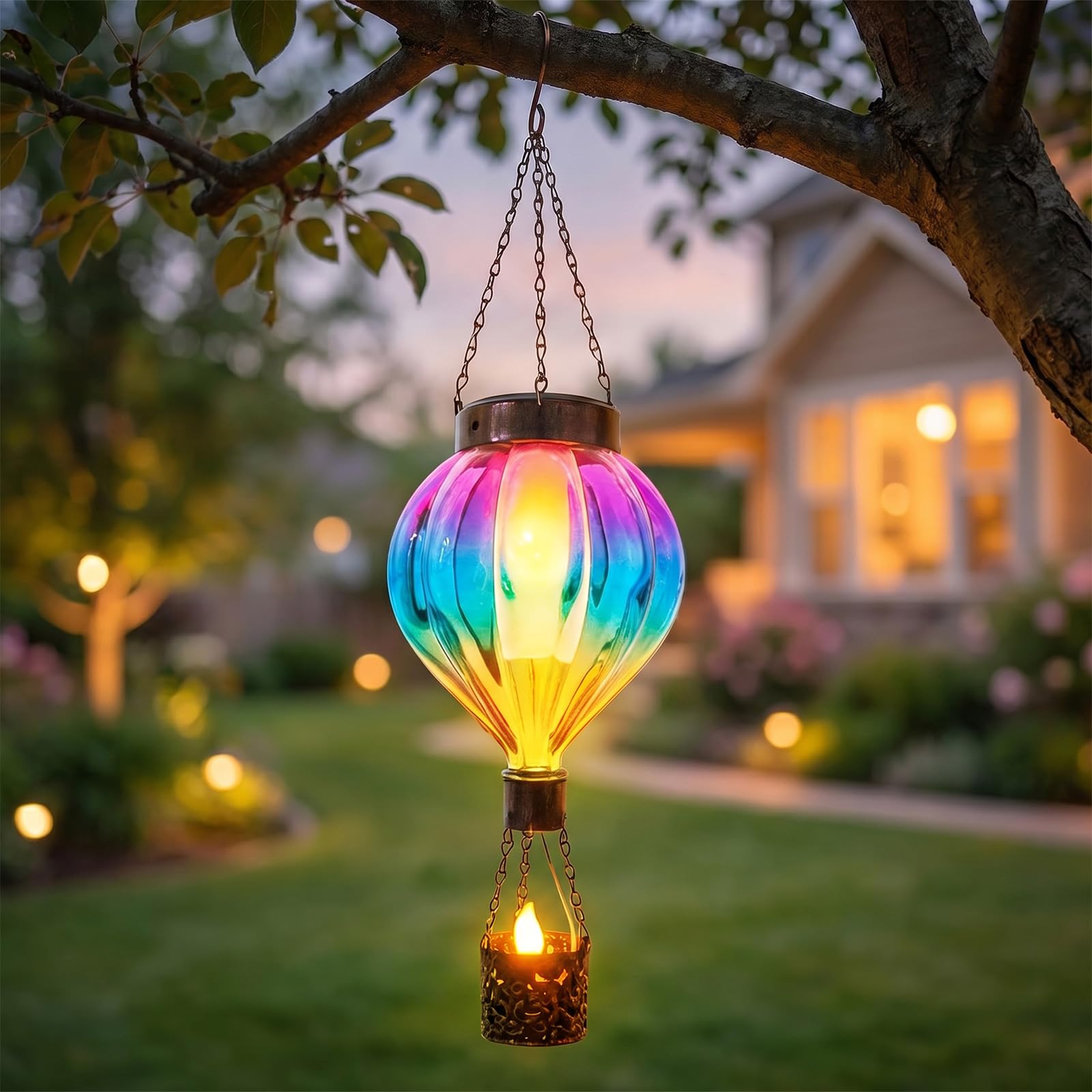 Balloon Solar Lights Outdoor Garden - Hanging Solar Lanterns with Stained Glass Teardrop Design - Waterproof Decorative Solar Garden Ornaments for Patio Yard Path Balcony, 23x18cm