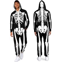 Men's Halloween Skeleton Costume Hooded Jumpsuit Adult Onesie