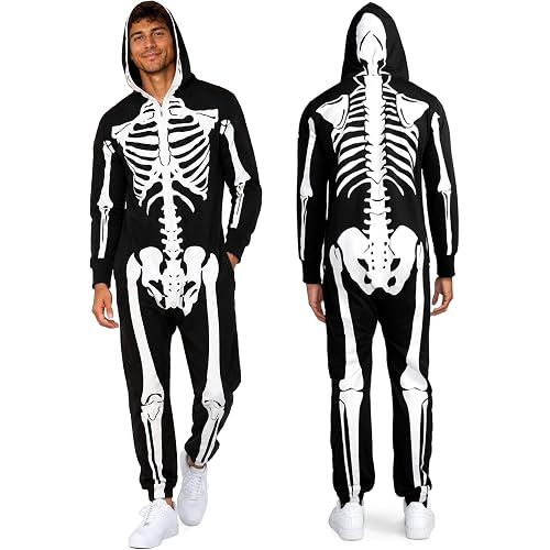 Tipsy Elves Men's Halloween Skeleton Costume Hooded Jumpsuit Adult Onesie