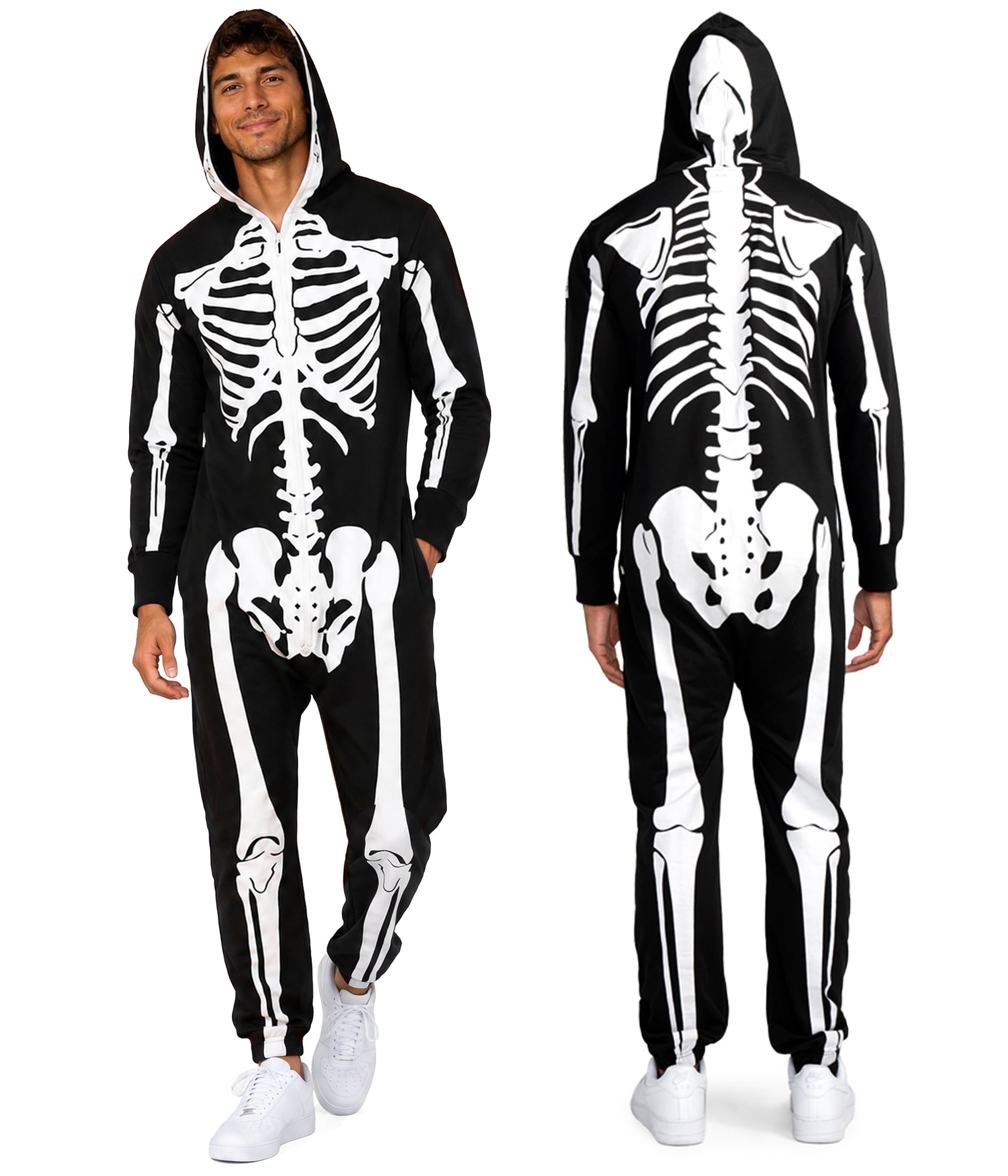 Tipsy Elves Men's Halloween Skeleton Costume Hooded Jumpsuit Adult Onesie | Front and Back Print, Mesh Eyehole Hood, Hidden Front Zipper, Convenient Pockets, Premium Construction