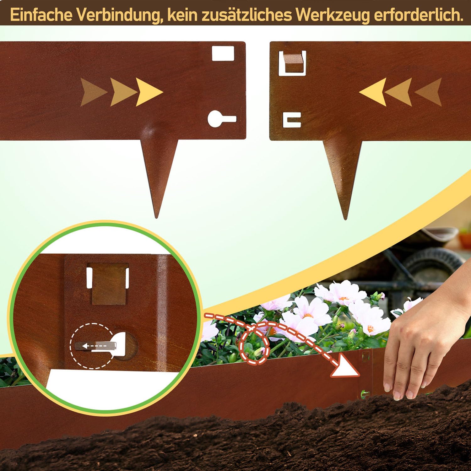 Rasenkante mit Dornen, Rasenkante Metall 106x15cm Rostbeständige Beeteinfassung, Flexible Beetumrandung Mähkante Wetterfest, Rost Corten(Länge 10m - Höhe 15cm)