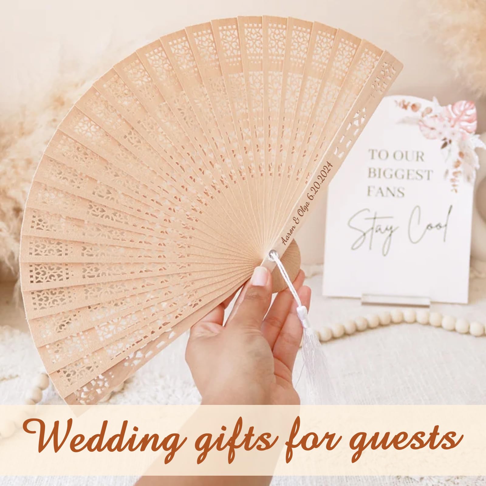 Lot de 100 Éventails Personnalisables en Bois pour Invités de Mariage, Personnalisé Cadeau EVJF & Décoration EVJF, Idéal pour Mariage et Fête d' Été