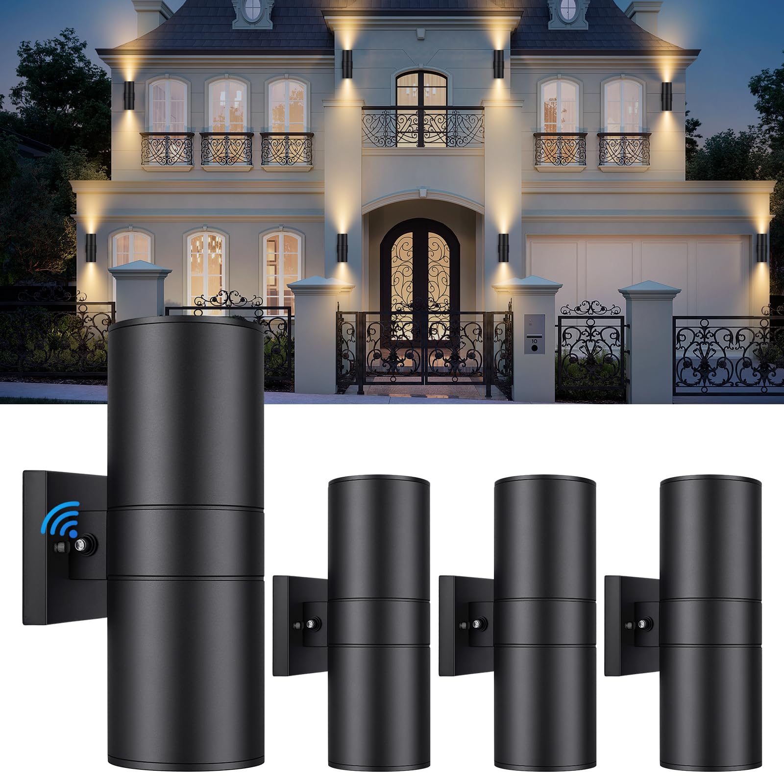 tobusa black exterior lighting fixtures wall mount dusk to dawn, modern outdoor wall lights for house waterproof, 2-light up and down cylinder wall sconces for garage porch outside patio yard, 4-pack