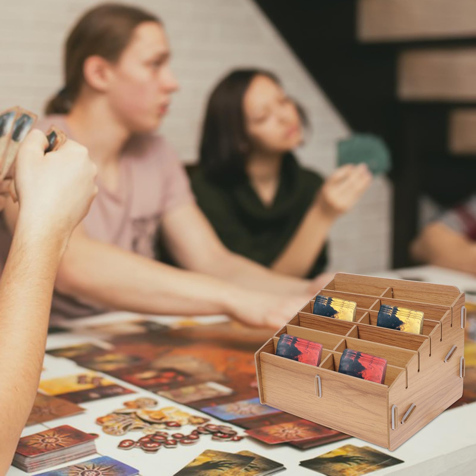 Angoily Organizer Porta Carte da Gioco in Legno di Noce Custodia per Carte da Gioco 12 Scomparti Scatola Porta Compatta per Casa e Tavolo