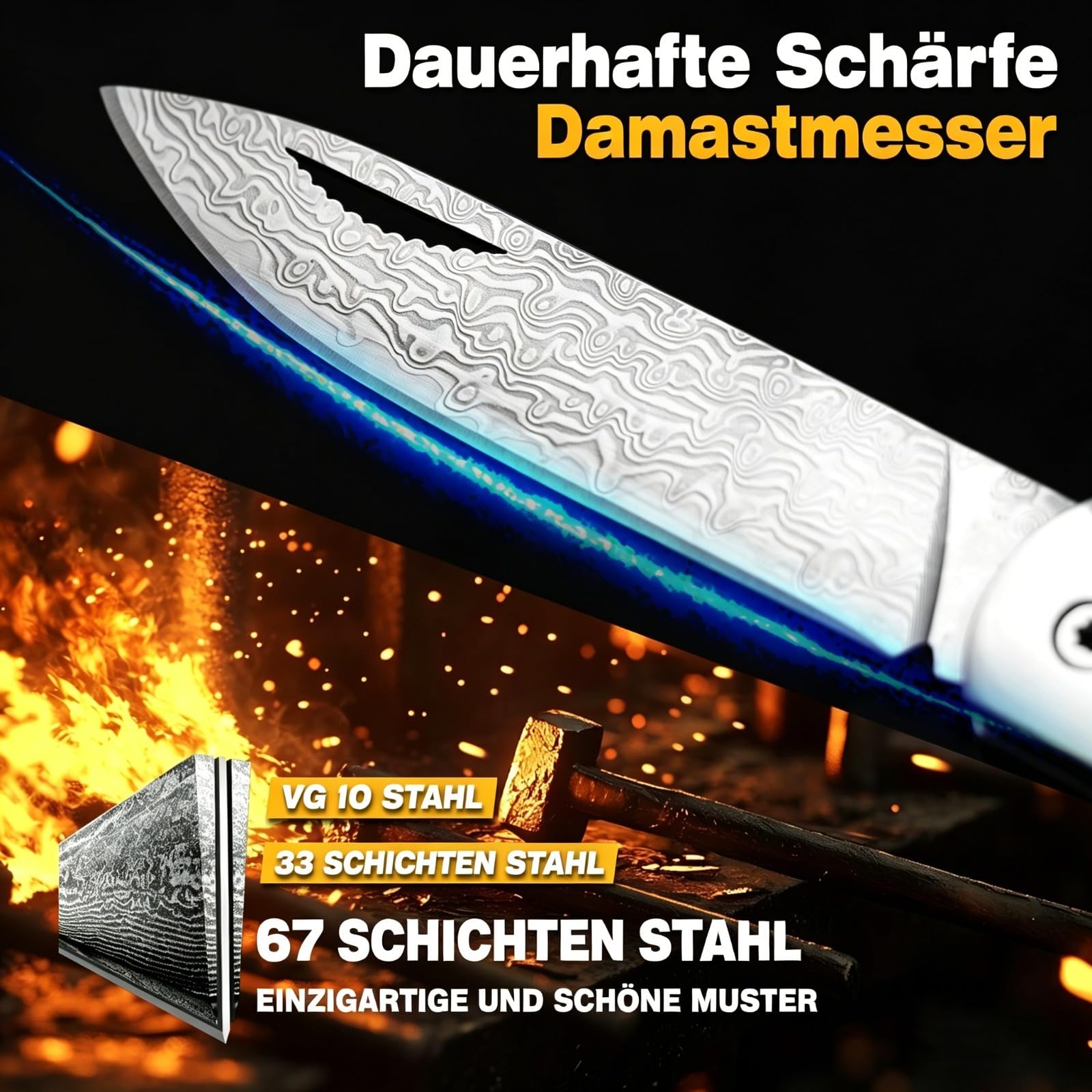 Damast Taschenmesser Zweihandklappmesser OutdoorJagdmesser/Bushcraft EDC Messer Mit Ebenholz Griff Gürtelholster Für Camping Wandern Angeln