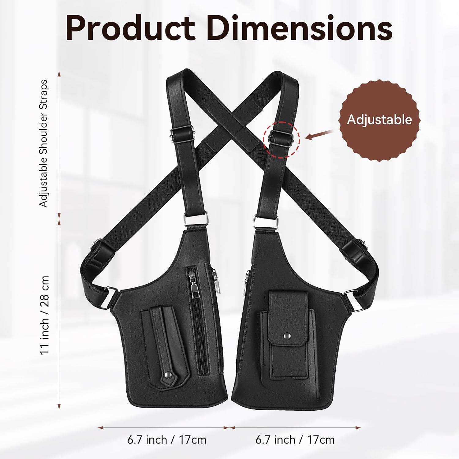 Men's PU Leather Double Shoulder Armpit Bag with Multiple Storage Pockets and Adjustable Straps