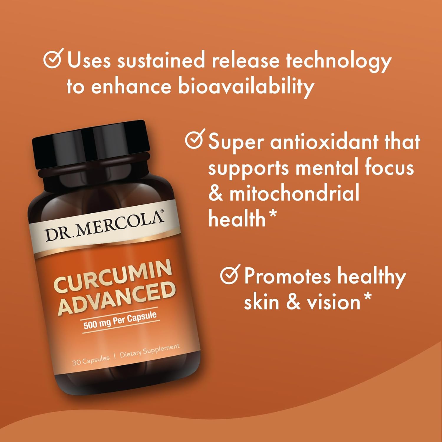 Dr. Mercola Curcumin Advanced - 500 mg Curcumin Root Extract - 95% Curcuminoids - For Vision Health, Digestion & Focus - Sustained Release - Non-GMO, Gluten-Free & Soy-Free - 30 Capsules (30 Servings)