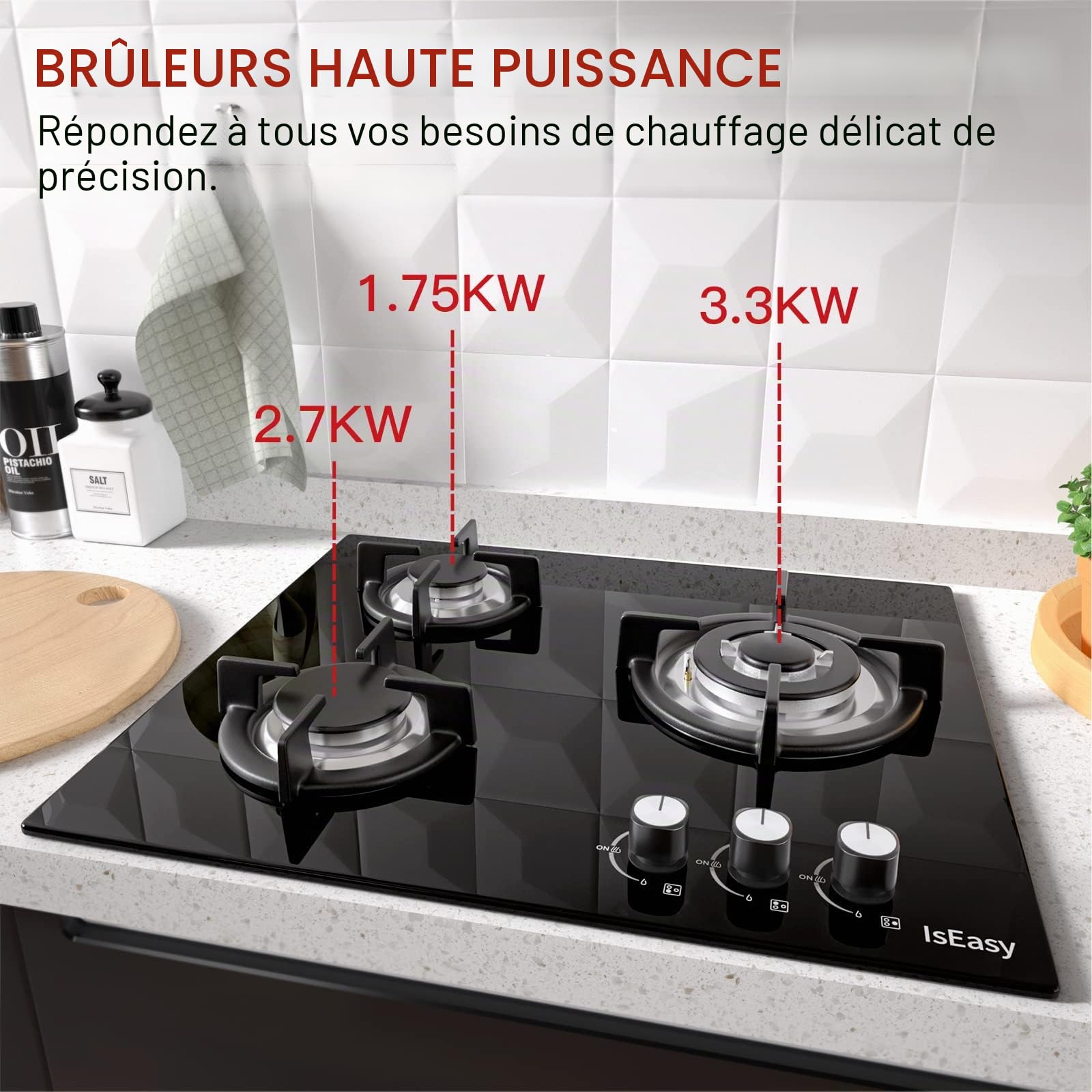 Plaque Gaz 3 Feux, Table de Cuisson 60cm Encastrable, Naturel/Propane
