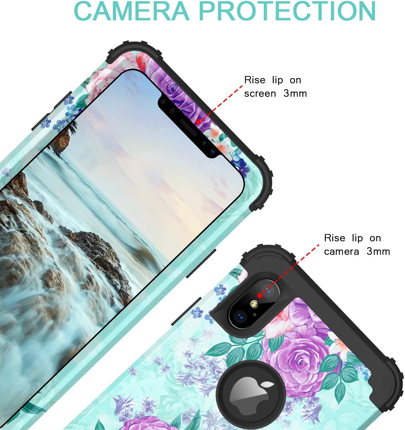 BENTOBEN Case for iPhone Xs Max, Full Body Heavy Duty Shockproof Drop Protection Hybrid Hard PC Soft Silicone Anti-Slip Protective Phone Case for Apple iPhone Xs Max 6.5 2018, Mint Green Flower